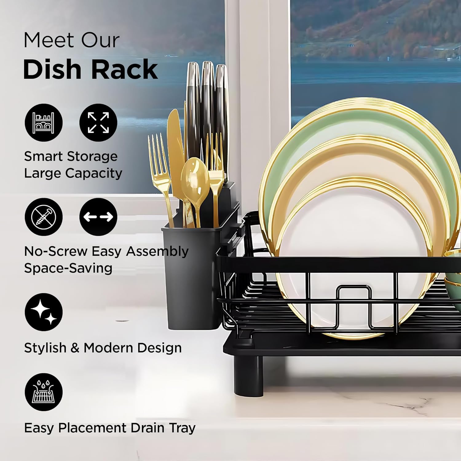 Urbane Home Iron Kitchen Rack with Utensil Basket Drainer | Dish Drying Rack & Organizer | Space-Saving Kitchen Stand for Countertop | Black Metal Kitchen Storage | Perfect for Small Kitchens & Apartments