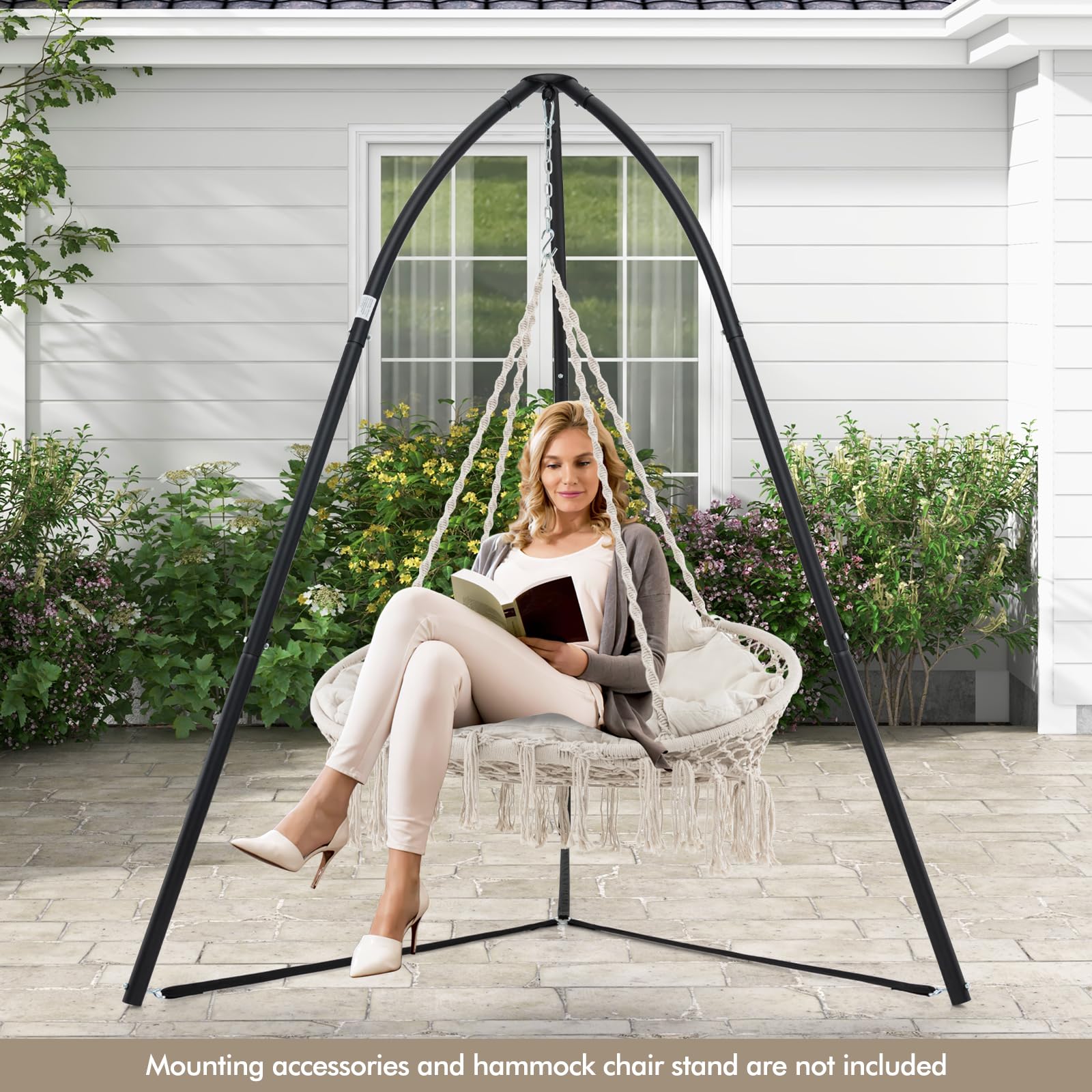 Tangkula 2-Person Boho Macrame Hanging Hammock Chair with Soft Cushions & Tassels - Indoor/Outdoor Cotton Rope Swing for Bedroom, Porch, Balcony - Perfect for Relaxing, Reading & Lounging in Your Backyard or Nursery