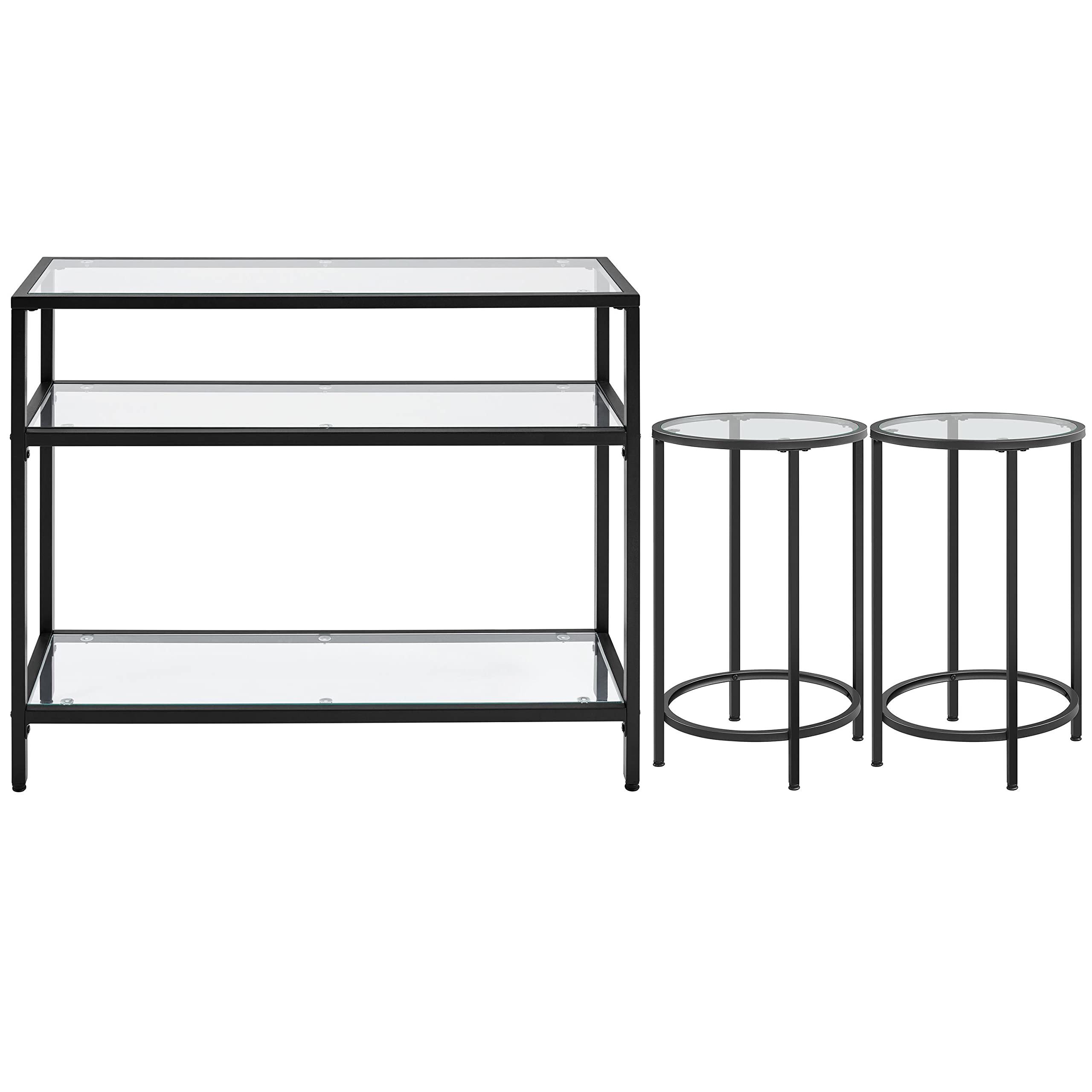 Yaheetech 3-Piece Tempered Glass Coffee Table Set with Metal Frame - Modern 3-Tier Console Table & 2 Round Side Tables for Living Room, Office, Porch - Perfect for Small Spaces & Home Decor (Black)