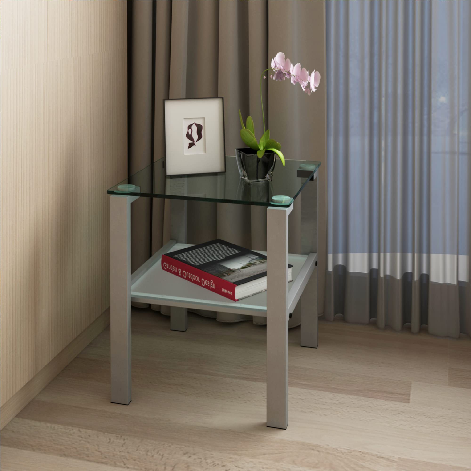 2-Tier Glass Coffee Table - Small Round Side Table for Living Room & Bedroom, Modern Grey End Table - Perfect for Tea Time, Reading Nook & Corner Decor