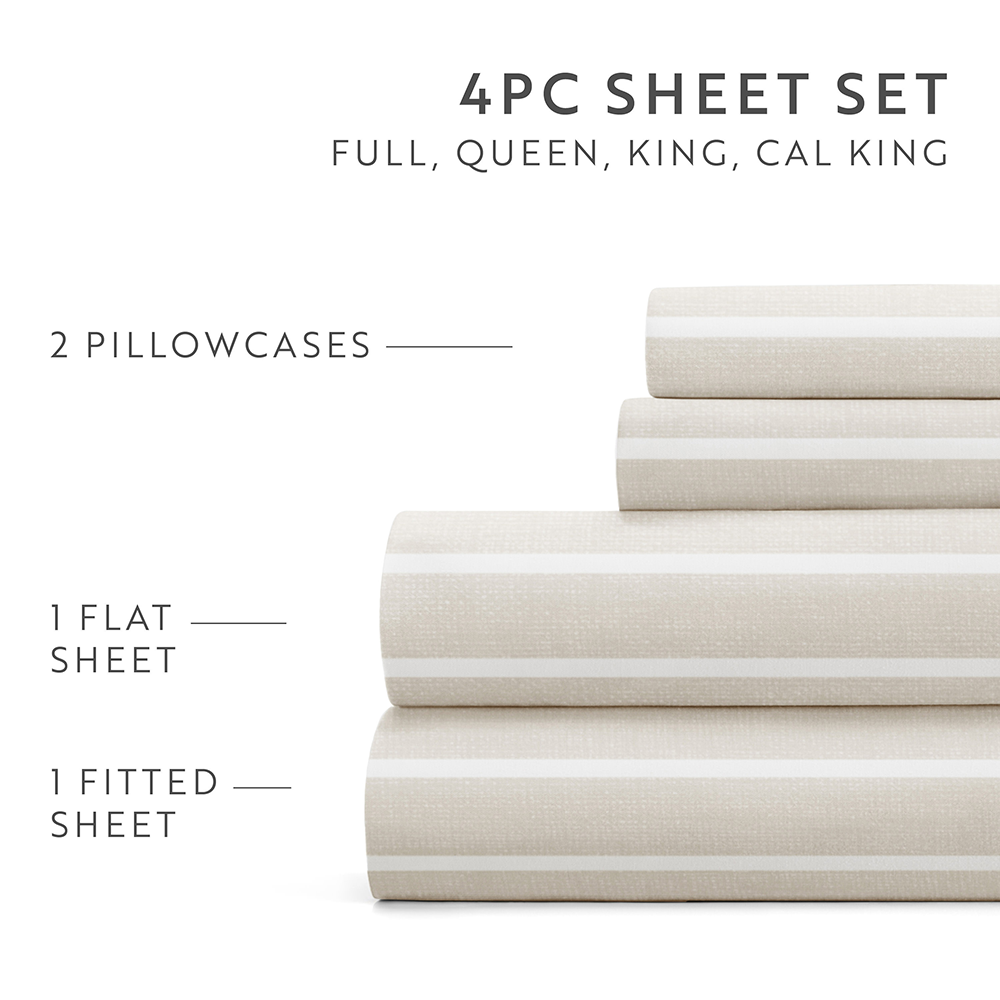 Distressed Awning Stripe 4-Piece Cotton Sheet Set - Soft & Breathable Bedding for Queen/King Size Beds - Perfect for Cozy Bedrooms, Guest Rooms & Vacation Homes