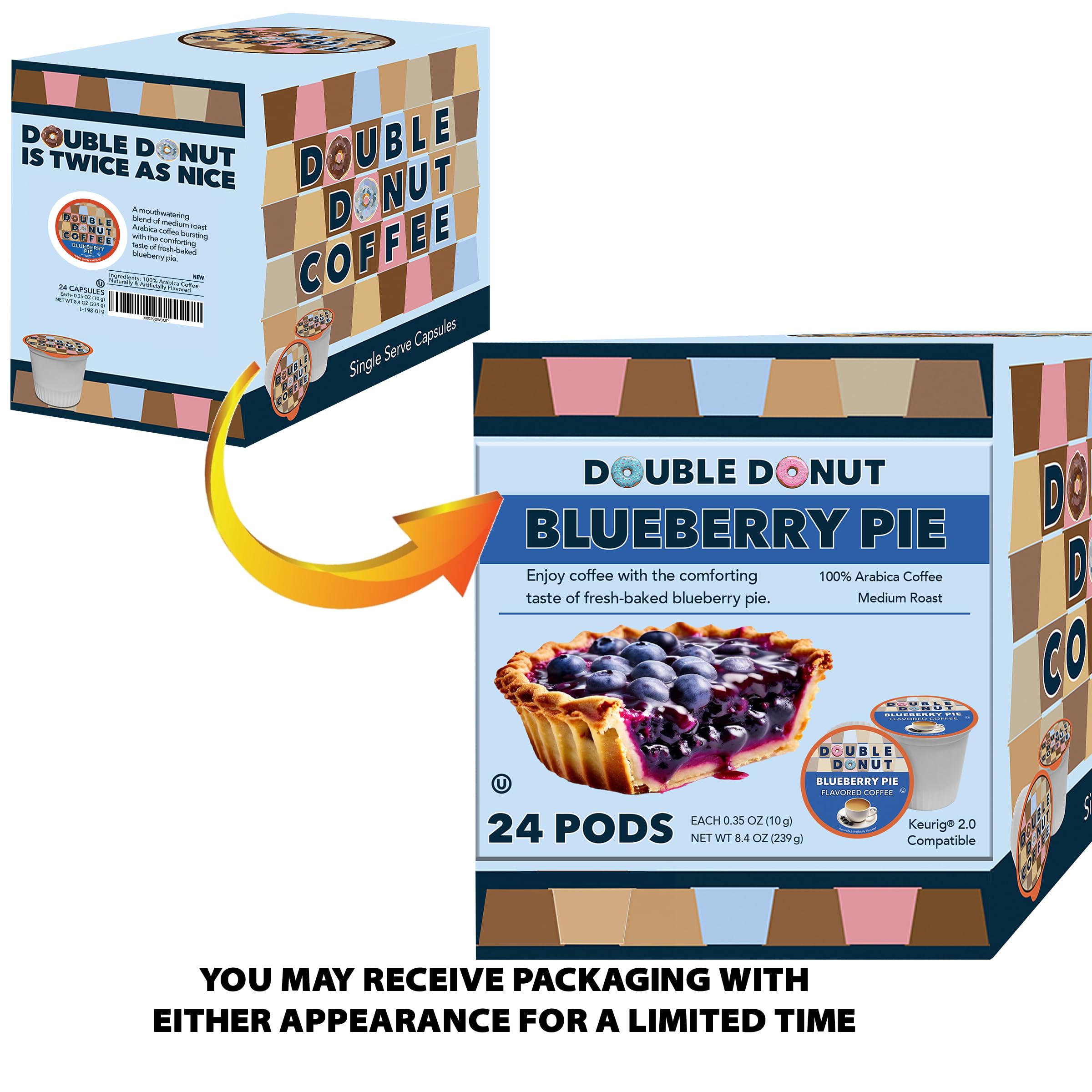 Double Donut & Blueberry Flavored Coffee Pods for Keurig K-Cup Brewers - Medium Roast Single Serve Hot or Iced Coffee - 24 Count Recyclable K-Cups - Perfect for Office, Home & Morning Brews