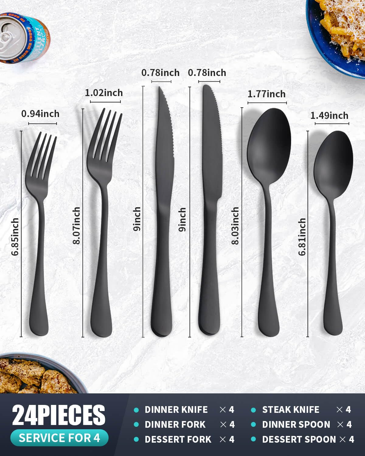 24-Piece Matte Black Silverware Set with Steak Knives - Stainless Steel Flatware Set for 4 - Modern Cutlery Utensils Set - Dishwasher Safe Spoons & Forks Set - Perfect for Restaurants, Dinner Parties & Everyday Use