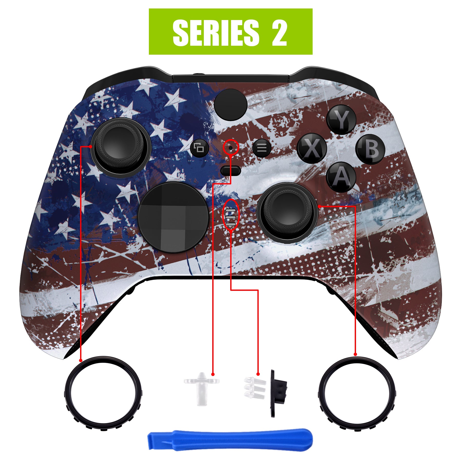 eXtremeRate Replacement Front Housing Shell Case with Accent Rings for Xbox One Elite Series 2 & Elite 2 Core Controller (Model 1797) - American Flag Design - Perfect for Gaming, Customization & Controller Protection