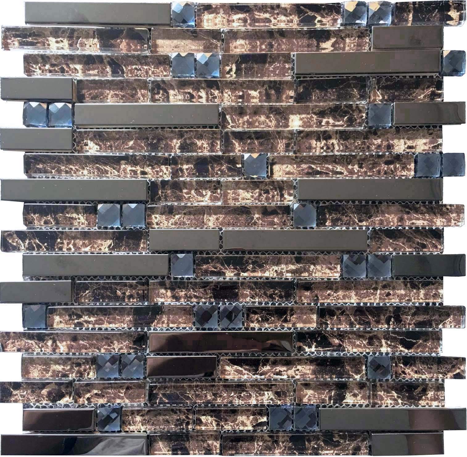 Hominter 11-Sheet Brown Rhinestone Crystal Mosaic Tile - Stainless Steel & Textured Clear Glass Backsplash for Kitchen & Bathroom Wall - Waterproof & Durable for Shower, Countertop, and Fireplace Surrounds