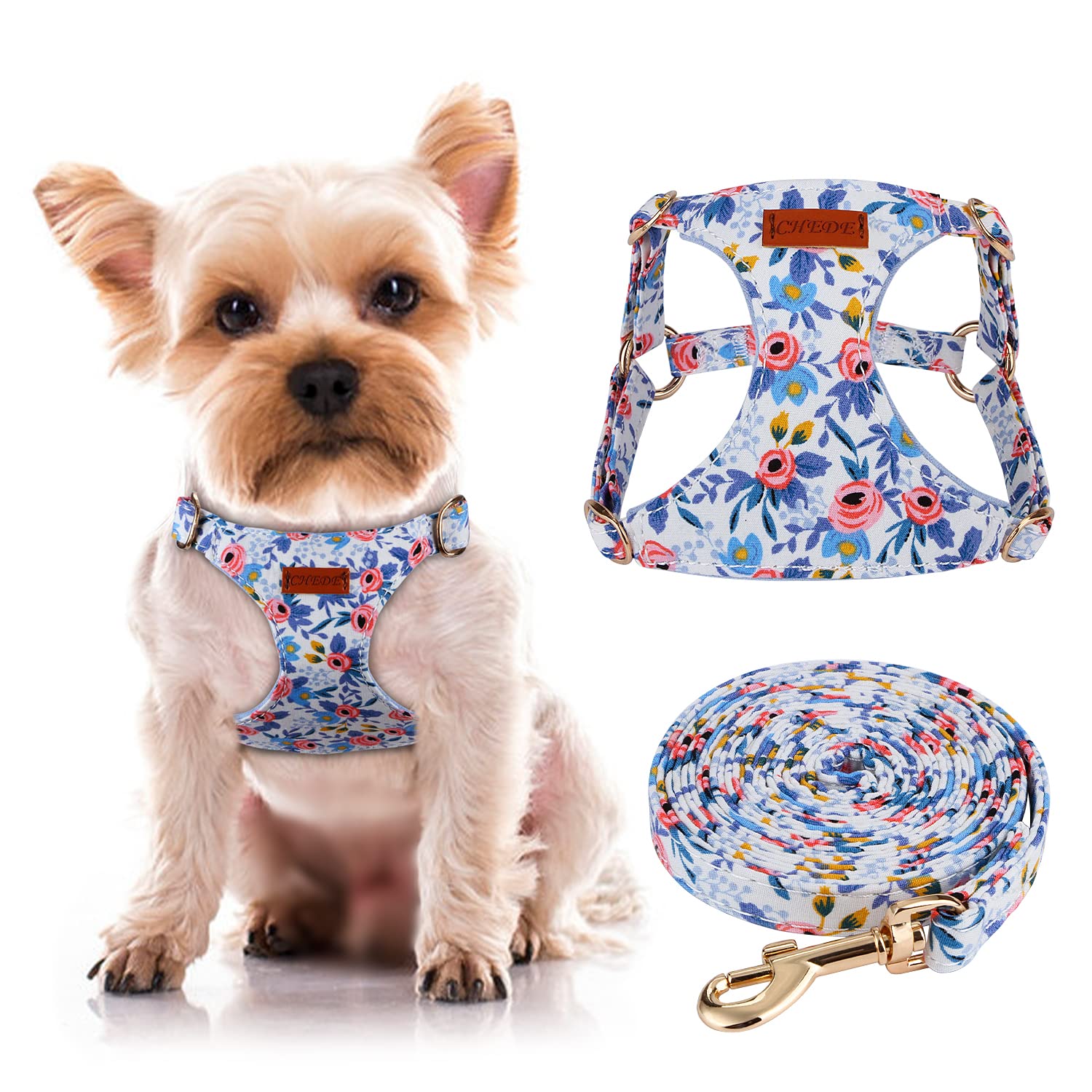 CHEDE No Pull Floral Dog Harness - Adjustable Soft Pet Vest Harness with Leash Set for Small & Medium Dogs | Lightweight Puppy Harness for Walking, Training & Outdoor Adventures (XXS, Blue Rose)