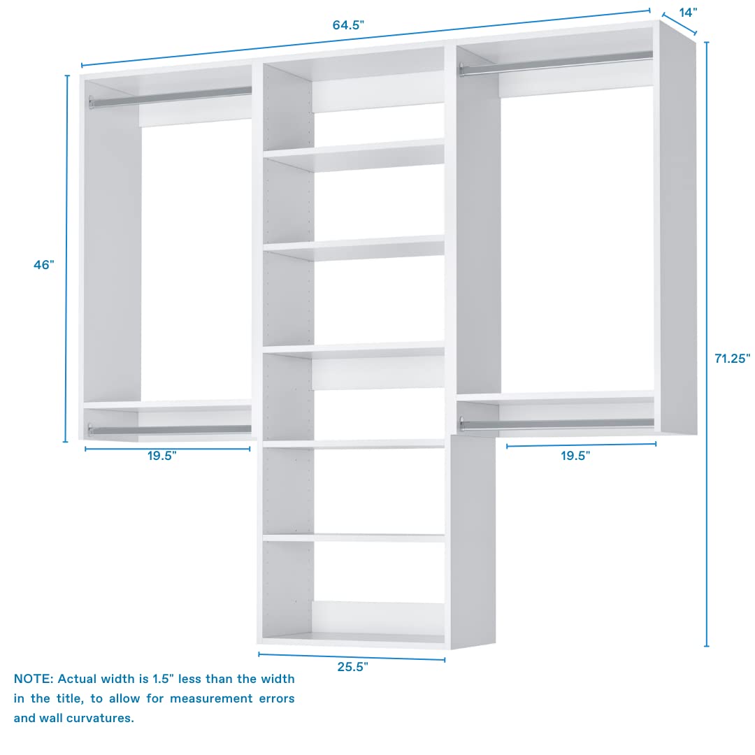 White 66-Inch Wide Closet Kit with Hanging Rods & Shelves - Space-Saving Corner Closet Organizer System - Perfect for Bedroom, Walk-In Closet & Home Storage Organization