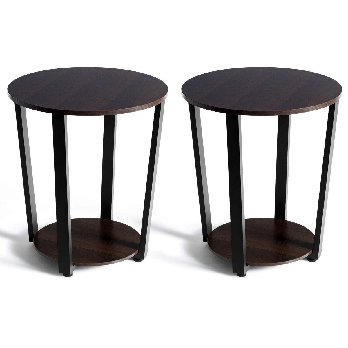 Tangkula 2-Tier Round End Table with Storage Shelf - Industrial Style Metal Sofa Side Table for Living Room, Bedroom & Office - Espresso Finish - Perfect for Small Spaces & Home Decor