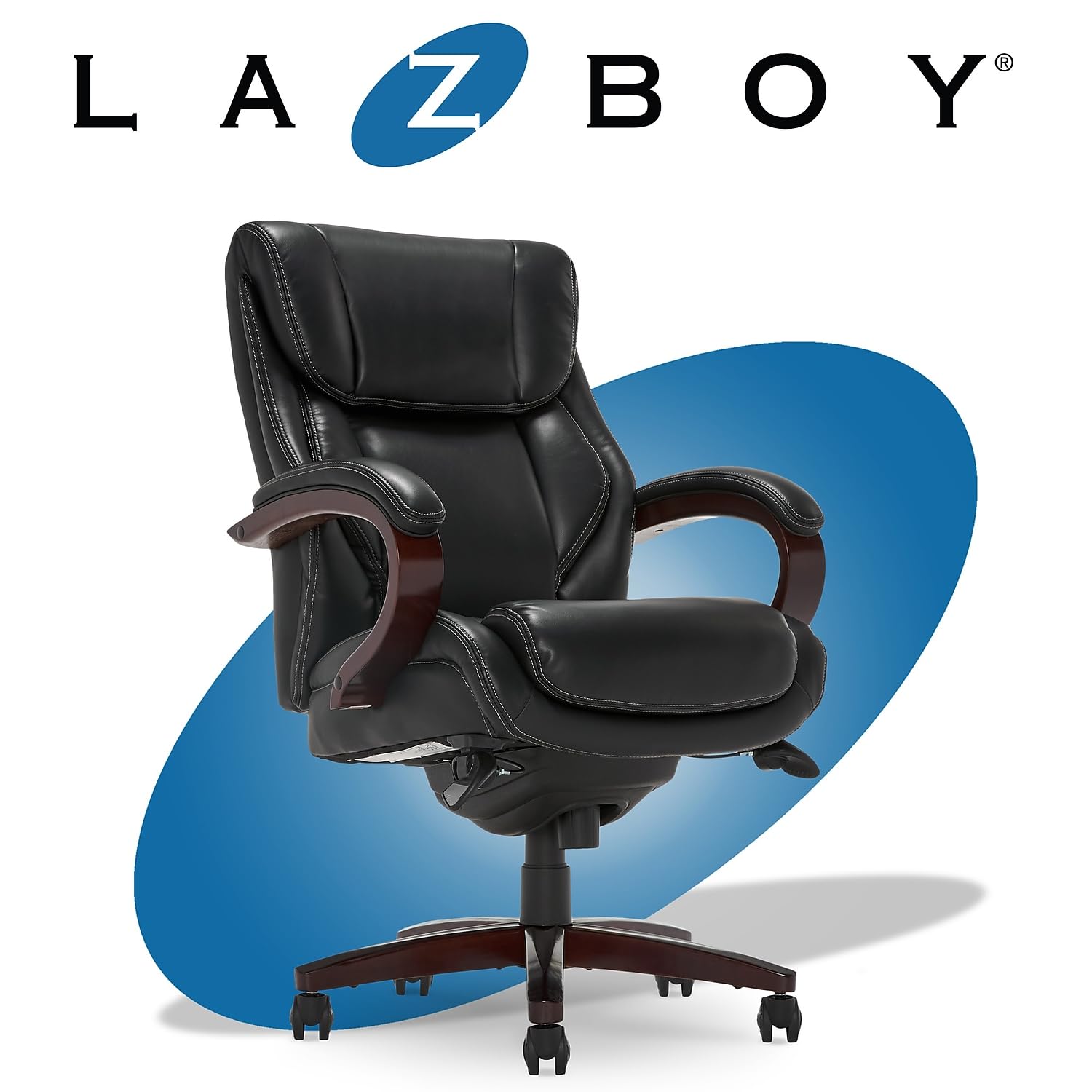 La-Z-Boy Bellamy Executive Office Chair - Memory Foam Cushions, Real Wood Arms, Swivel Base & Waterfall Seat Edge - Faux Bonded Leather in Black - Perfect for Home Office, Conference Rooms & Executive Suites