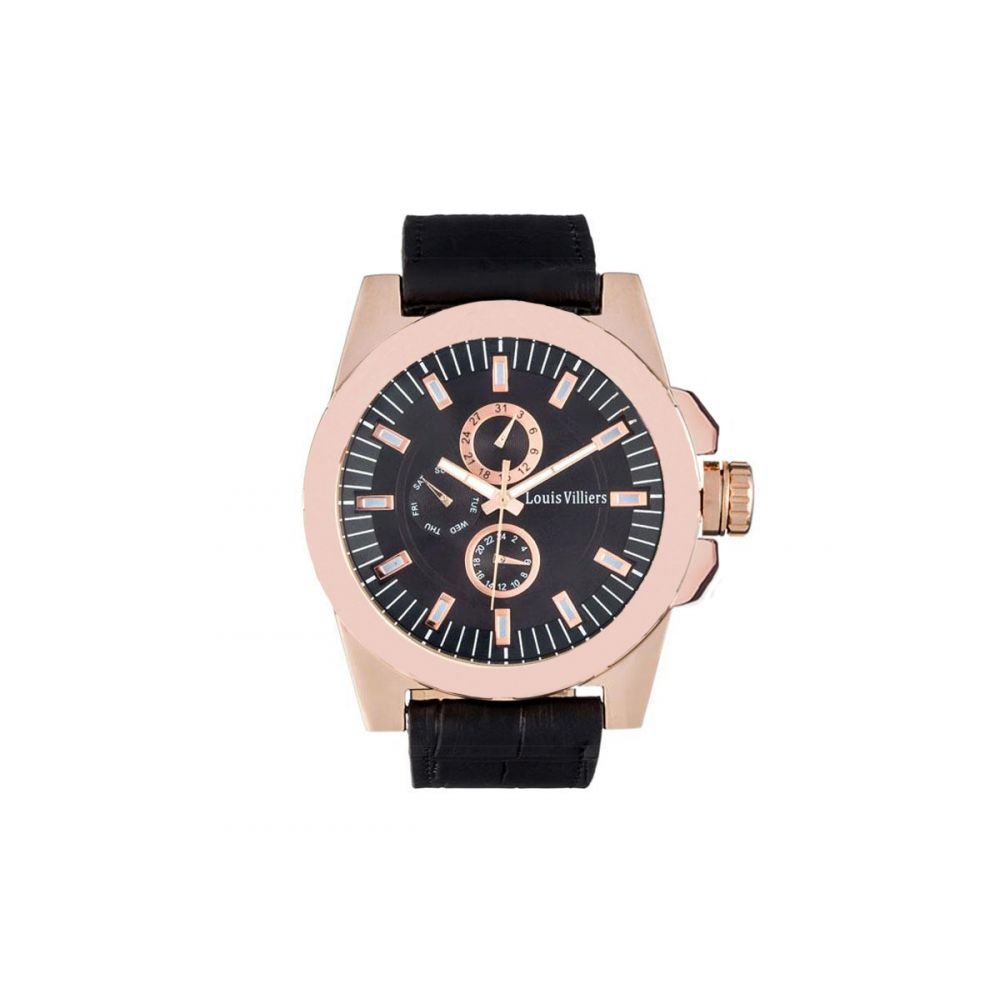 Louis Villiers LVAG3733-15 Rose Gold Men's Black Leather Strap Watch for Men - Luxury Dress Watch for Business, Formal Events & Gifts