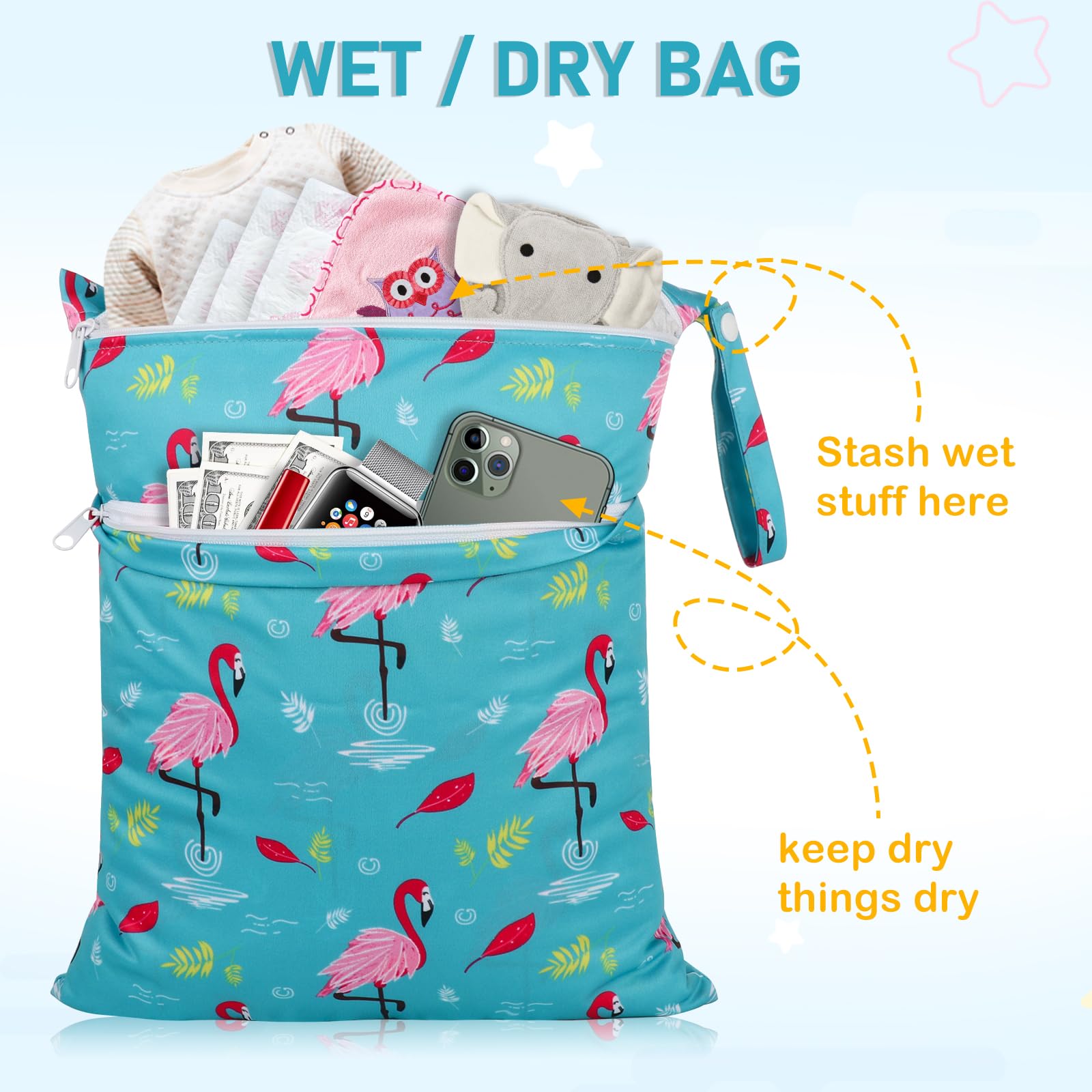Angel Love Waterproof Wet Dry Bags 3 Pack - Reusable Baby Cloth Diaper Storage, Swimsuits & Wet Clothes Organizer with Dual Zippered Pockets - Perfect for Travel, Beach, Pool, Gym & Daycare Essentials
