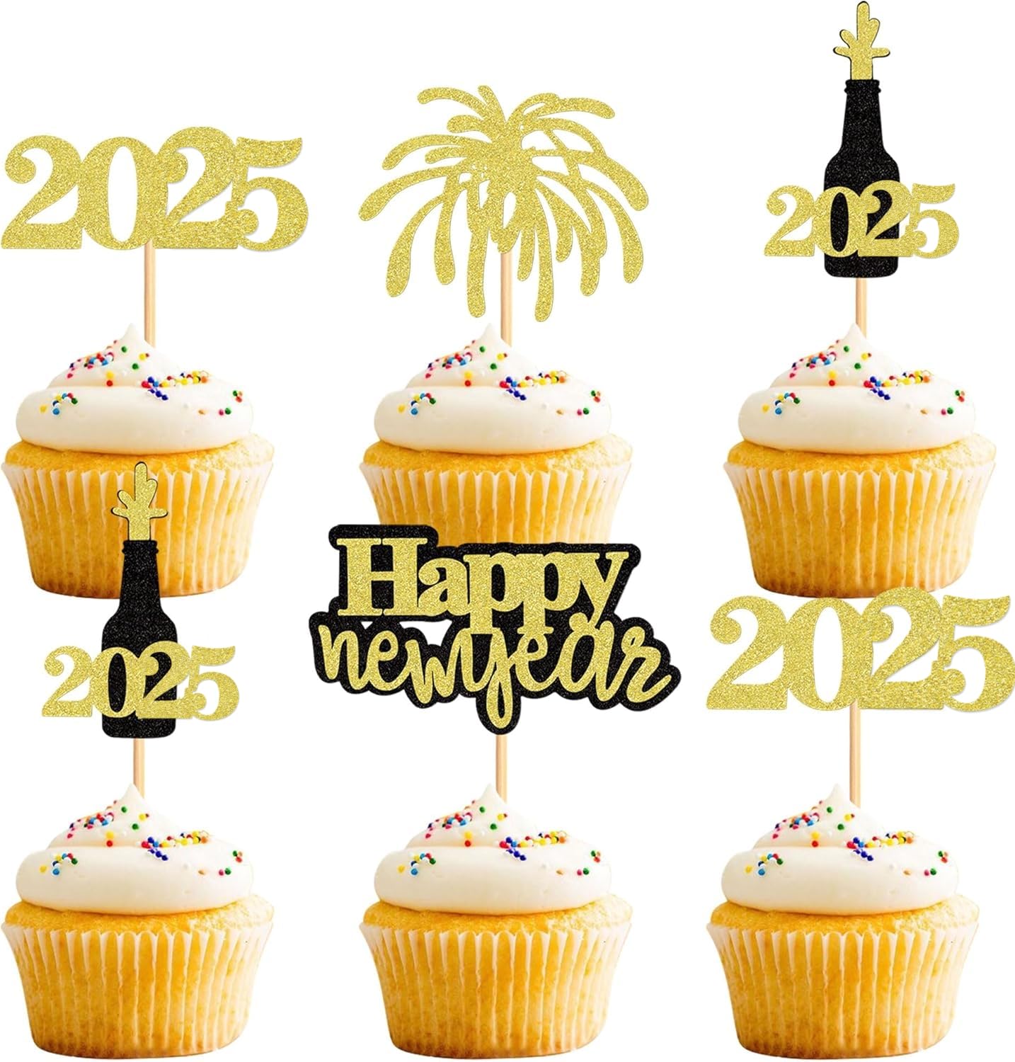 24 Pcs Gold Black Glitter Happy New Year 2025 Cupcake Toppers - Cheers to 2025 Cake Picks for New Year's Eve Party Decorations - Perfect for NYE Celebrations, Birthday Parties & Holiday Desserts