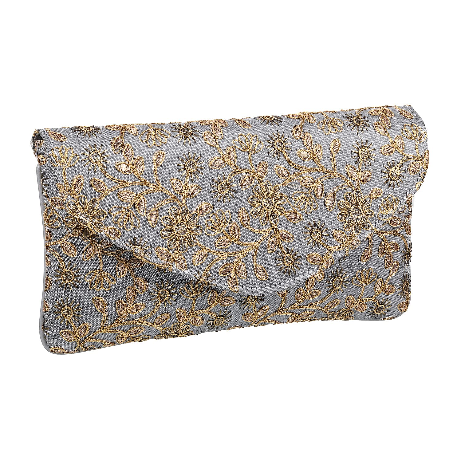 Stylish Metro Gun Metal Embroidery Magnetic Snap Clutch Purse for Women - Perfect for Evening Parties, Weddings & Special Occasions