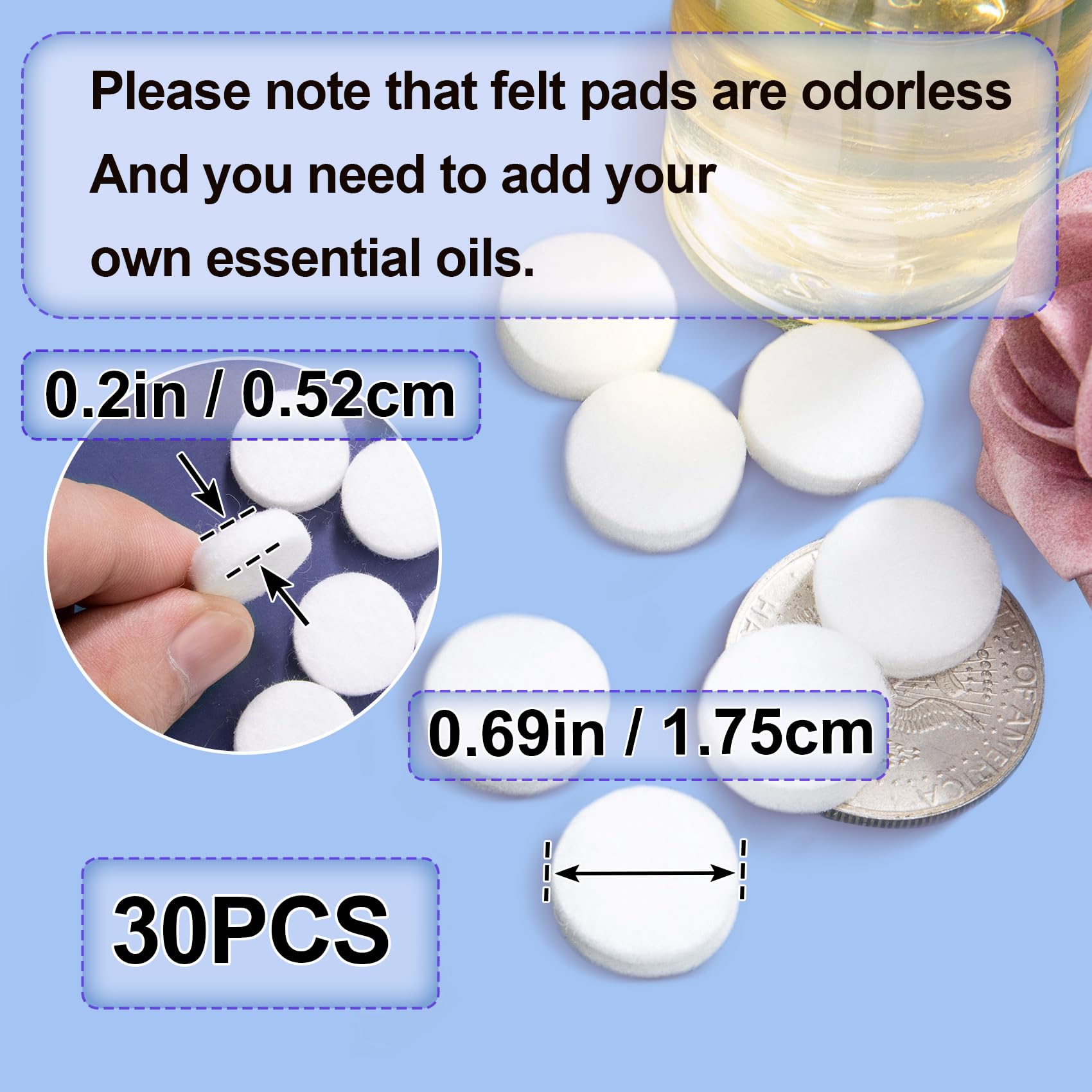17.5MM/0.7inch Unscented White Car Air Freshener Refill Pads - 30PCS Replacement Felt Pads for Vent Clips & Diffusers - Perfect for Essential Oils, Perfumes & Aromatherapy in Cars, Homes & Offices