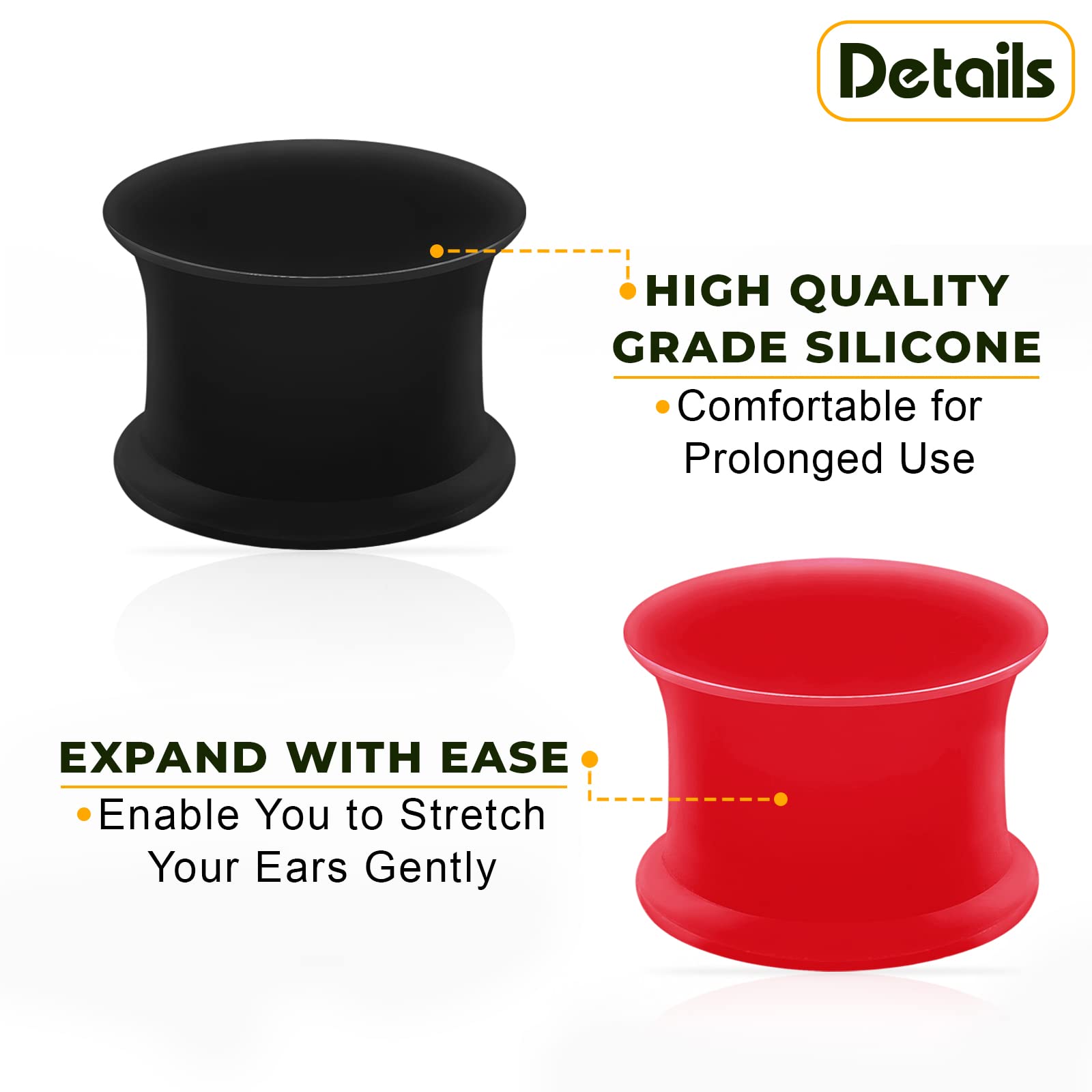 2 Pairs Silicone Black & Red Double Flared Saddle Piercing Jewelry - Stretcher Ear Plugs, Earring Lobe Flesh Tunnel Gauges for Men & Women - Perfect for Daily Wear, Parties & Body Modification