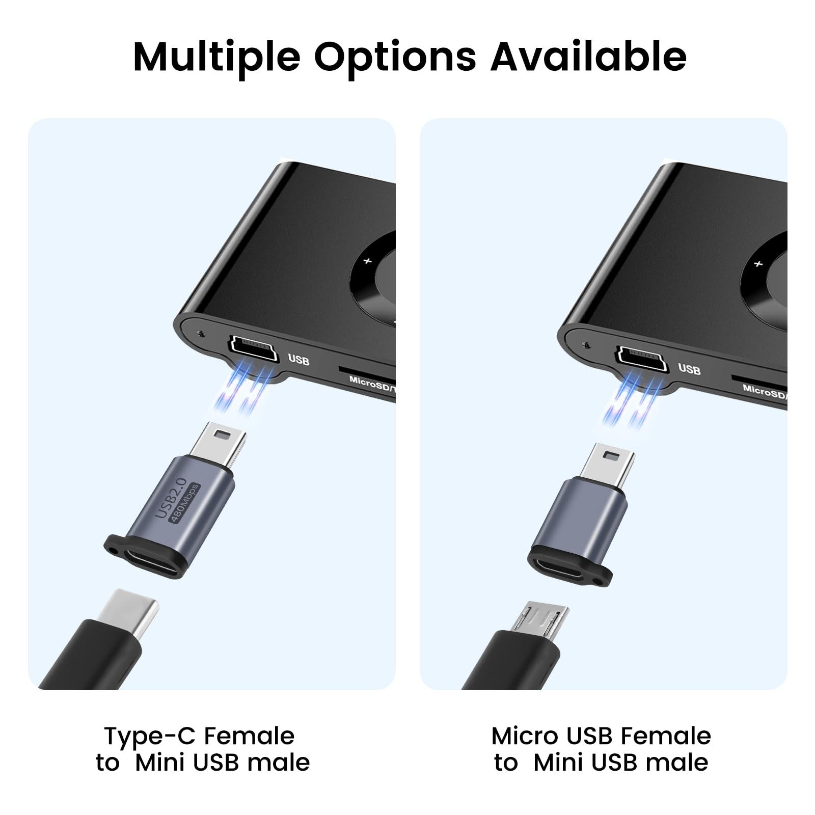 BORLTER CLAMP USB C to Mini USB Adapter & Micro USB to Mini USB Adapter 2 Pack with Lanyard - Compatible with MP3 Players, Digital Cameras, GPS Devices, Portable Hard Drives - Perfect for Data Transfer and Charging On-The-Go