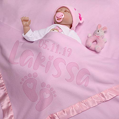 Personalized Baby Blanket - Large 36x36 Inch Pink Fleece with Satin Trim | Hearts & Feet Design | Baby Shower Gift for Boys & Girls | Newborn Receiving Blanket for Nursery, Photo Shoots & Travel