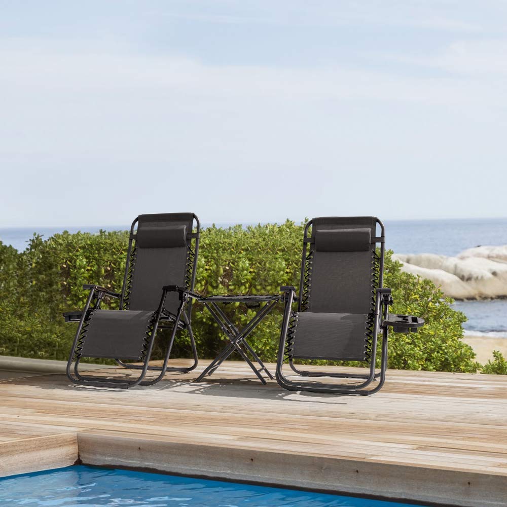 Homall 3-Piece Zero Gravity Lounge Chair Set with Side Table - Patio Folding Recliner, Outdoor Chaise Lounge Chairs for Backyard, Poolside & Camping (Black)
