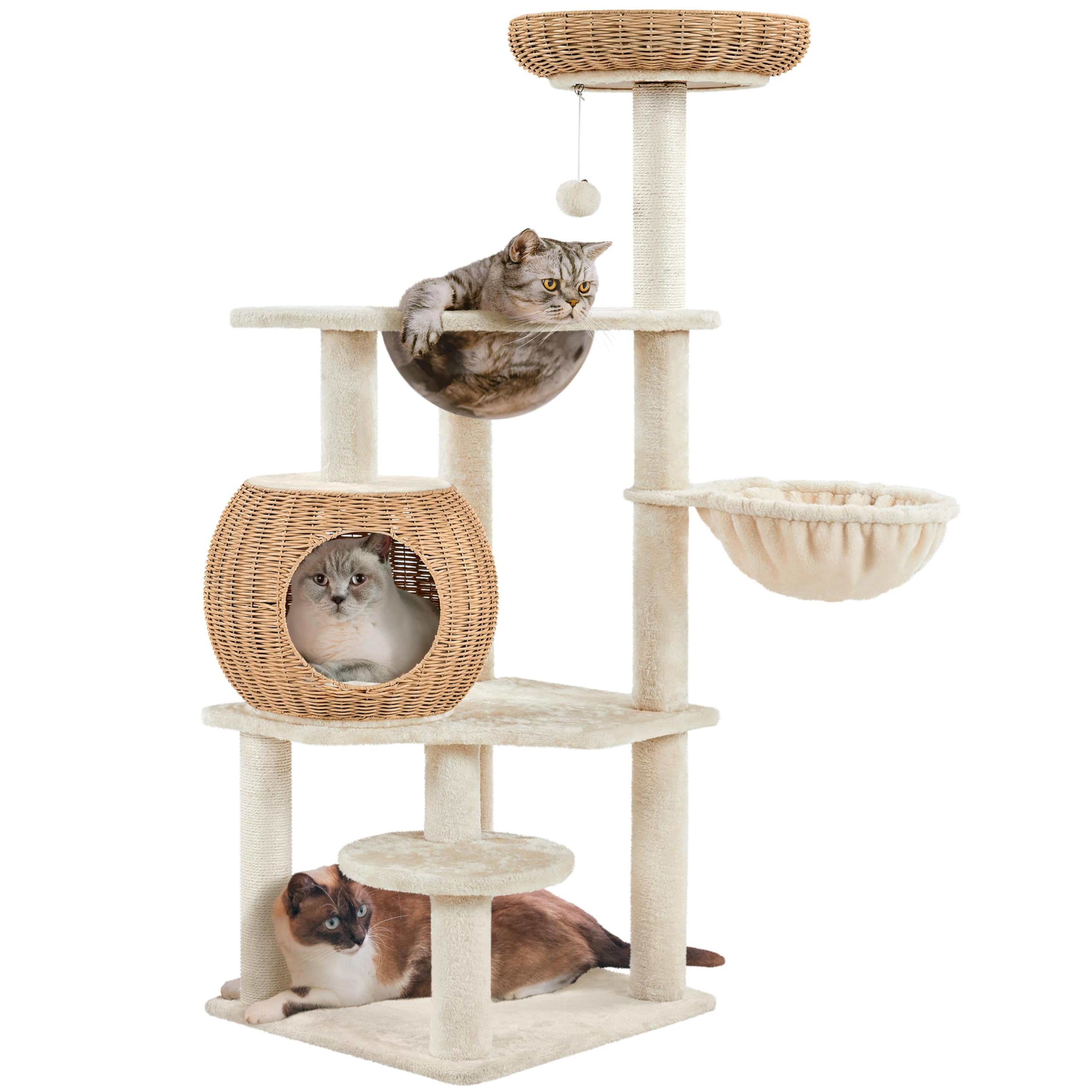 Yaheetech 54in Rattan Cat Tree Tower with Luxury Woven Condo, Clear Bowl & Washable Cushions - Multi-Level Cat Furniture with Scratching Posts for Indoor Cats - Perfect for Small Spaces, Apartments & Play Areas