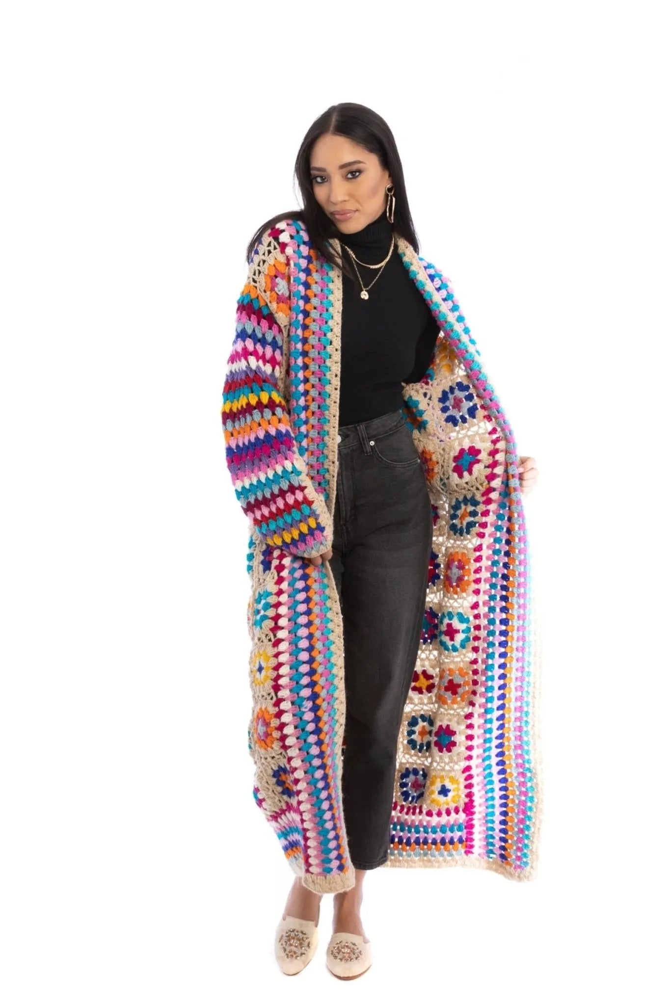 Handmade Crochet Long Kimono Cardigan - Boho Chic Lace Cover Up for Women - Perfect for Beach, Festival, and Summer Outfits