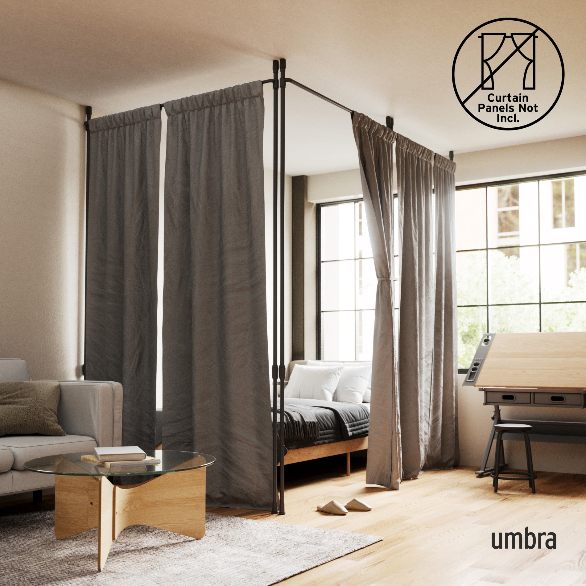 Adjustable Anywhere Tension Curtain Rod & Room Divider - No Drilling Needed for Windows, Doors, Closets - Perfect for Home, Office, Dorm Room Organization