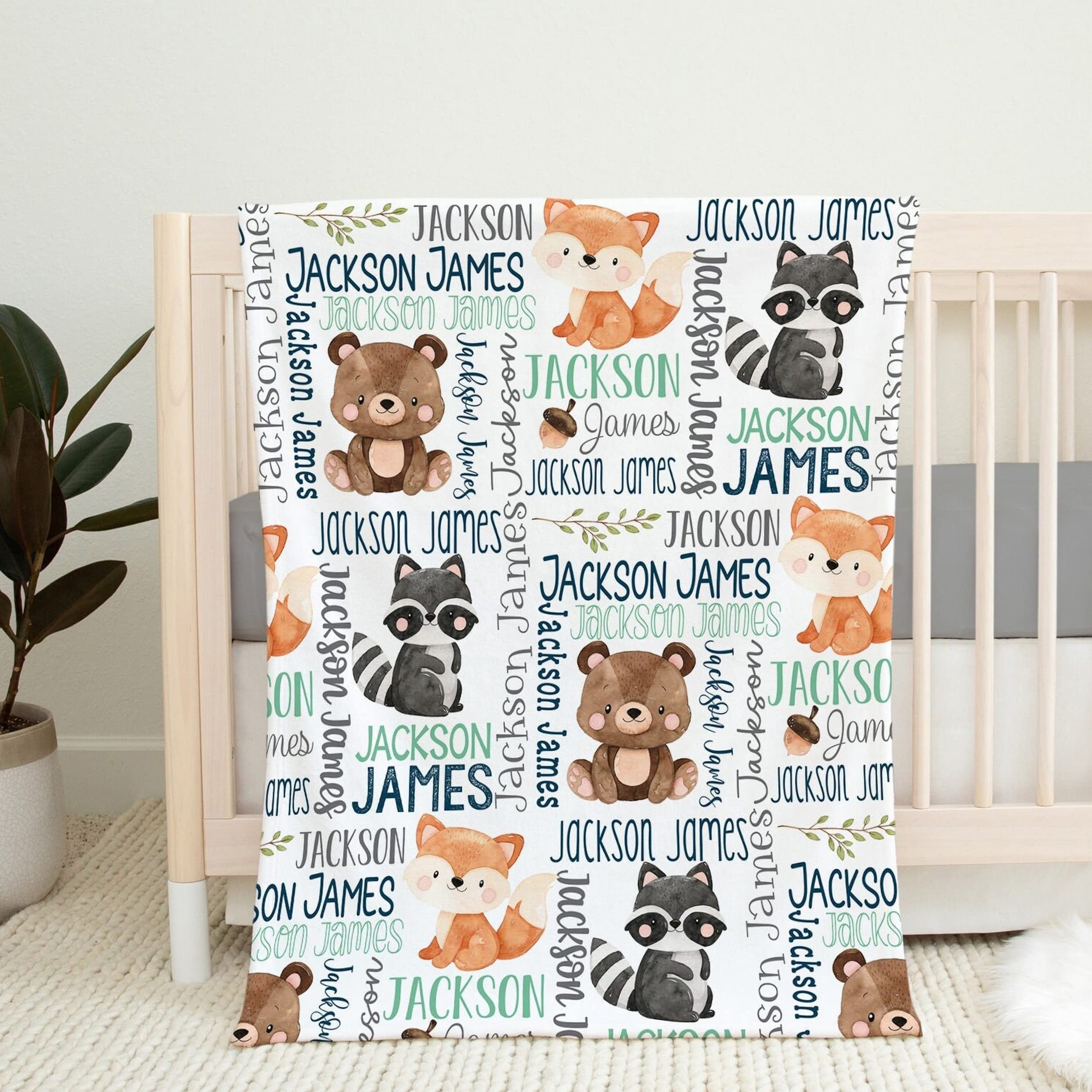 Nazenti Personalized Baby Blanket with Woodland Animals - Custom Name Fleece Sherpa Swaddle Blanket for Newborn Boys (Fox Bear Raccoon Design) 30x40 50x60 60x80 - Perfect for Nursery, Baby Shower Gifts & Cozy Swaddling