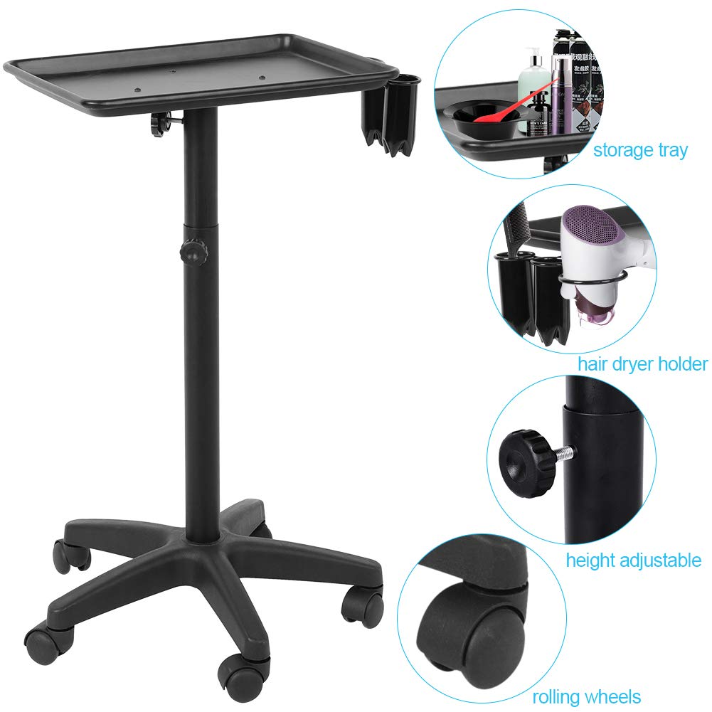 Professional Adjustable Height Aluminum Salon Tray - Rolling Hair Stylist & Tattoo Workstation with 2 Cups & Metal Ring - Perfect for Salon, Spa, Beauty Parlor & Tattoo Studio Organization