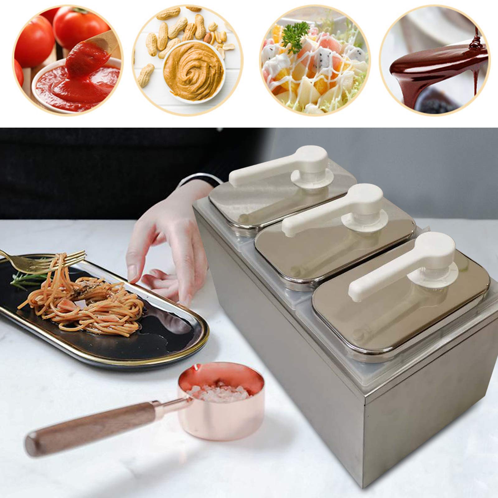 Stainless Steel 3-Head Sauce Pump Dispenser - Condiment Squeeze Bottle for Buffet, Restaurant & Catering Equipment - Perfect for Ketchup, Mustard & Mayo