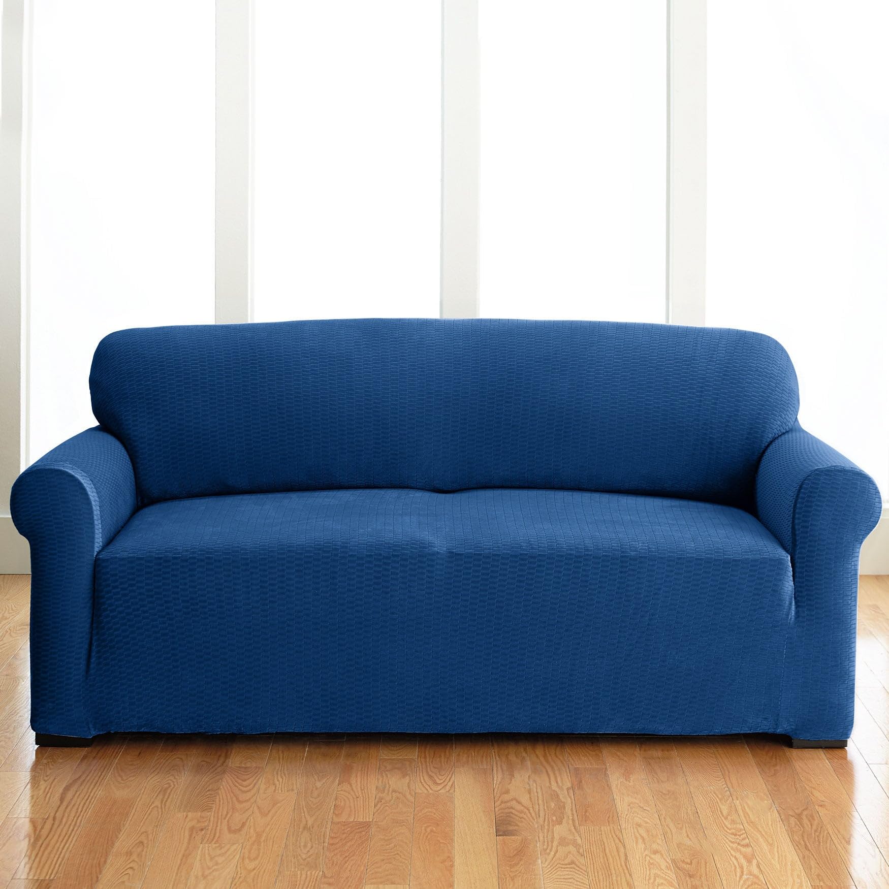 BrylaneHome BH Studio Brighton Stretch Sofa Slipcover - Navy Blue Sofa Cover | Fits Most 2-3 Cushion Couches | Easy Washable Fabric Protector for Pets & Kids | Perfect for Living Room, Family Room & Home Decor