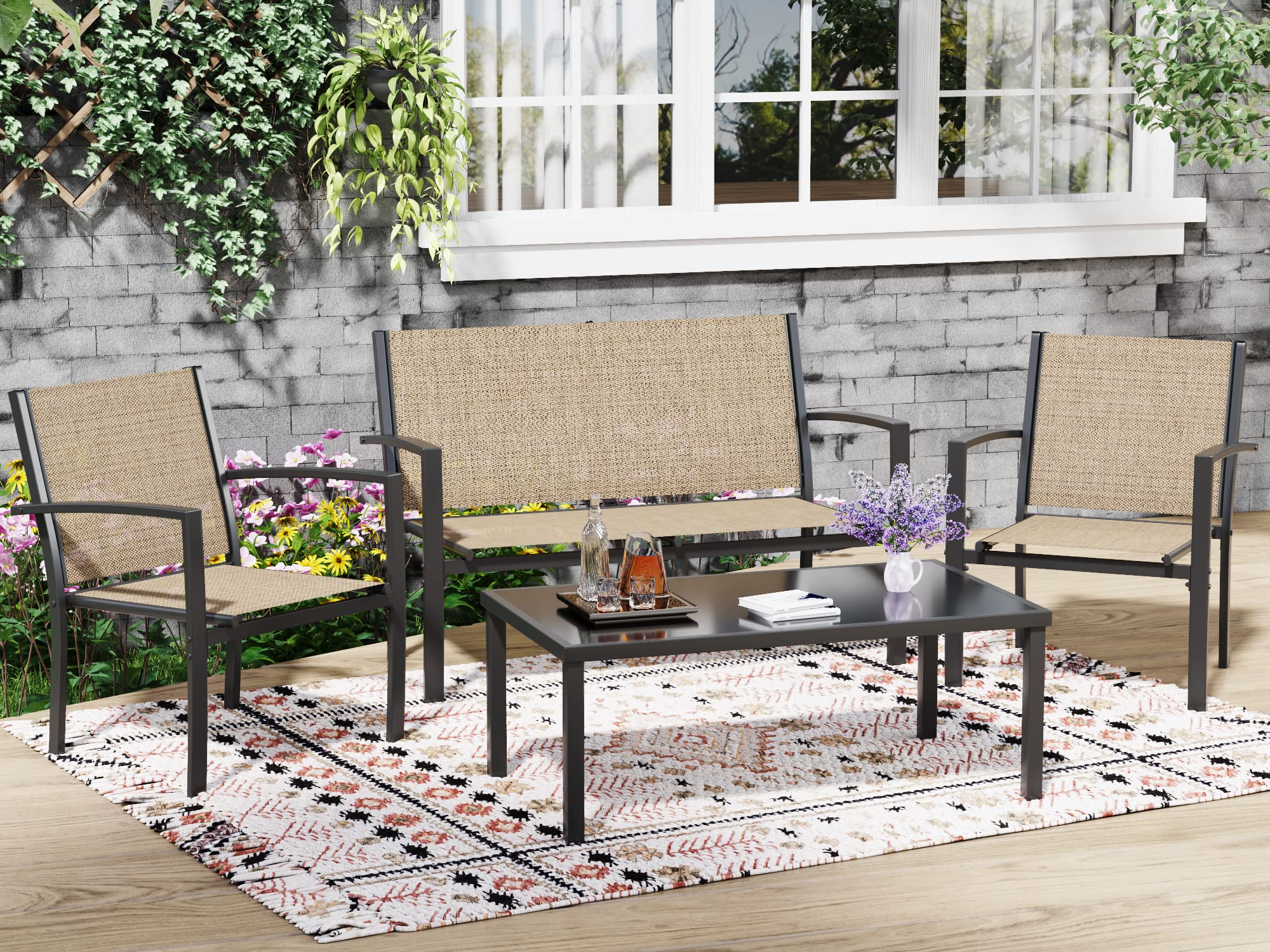 Greesum 4-Piece Outdoor Patio Furniture Set with Glass Coffee Table - Beige Wicker Conversation Set for Garden, Lawn, Poolside & Backyard - Perfect for Relaxing, Entertaining & Outdoor Dining