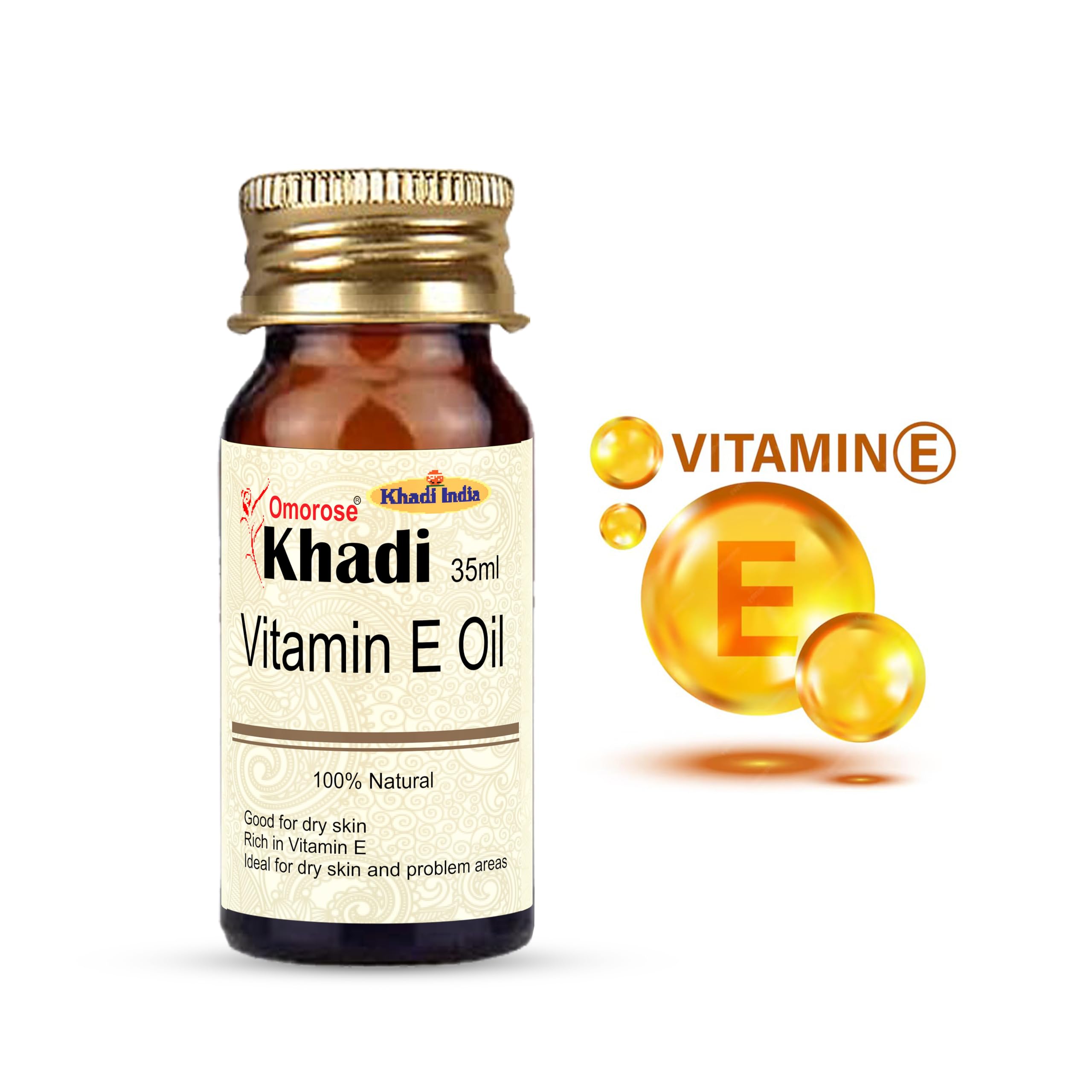 Khadi Omorose Vitamin E Oil (35 ml) - Pure & Natural Skin Care for Hydration & Anti-Aging - Perfect for Face, Hair & Body Moisturizing