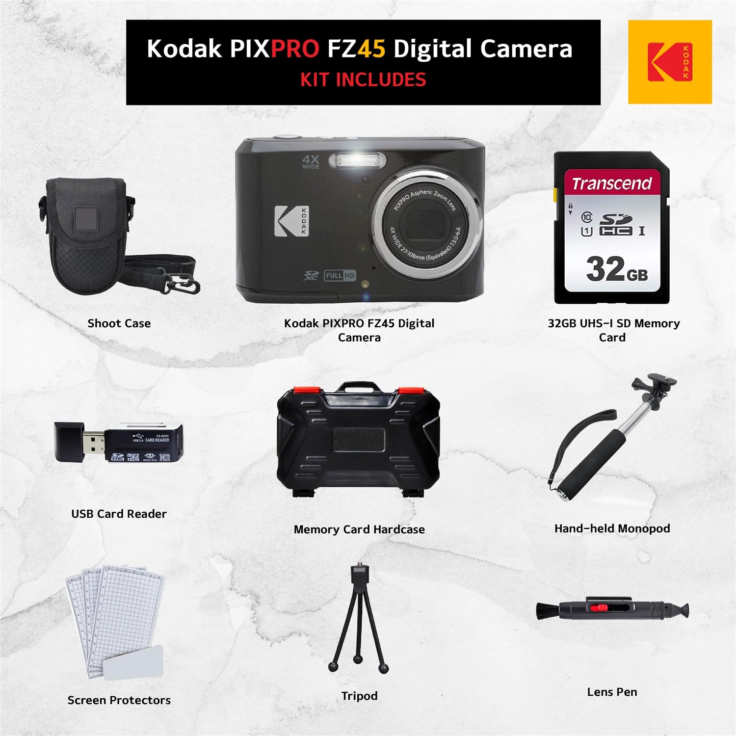 Kodak PIXPRO FZ45 Digital Camera Bundle - 16MP Point & Shoot Camera with 32GB Memory Card, Case, Monopod, Cleaning Pen, Screen Protectors & Tripod | Perfect for Travel, Vlogging & Family Photography (Black)