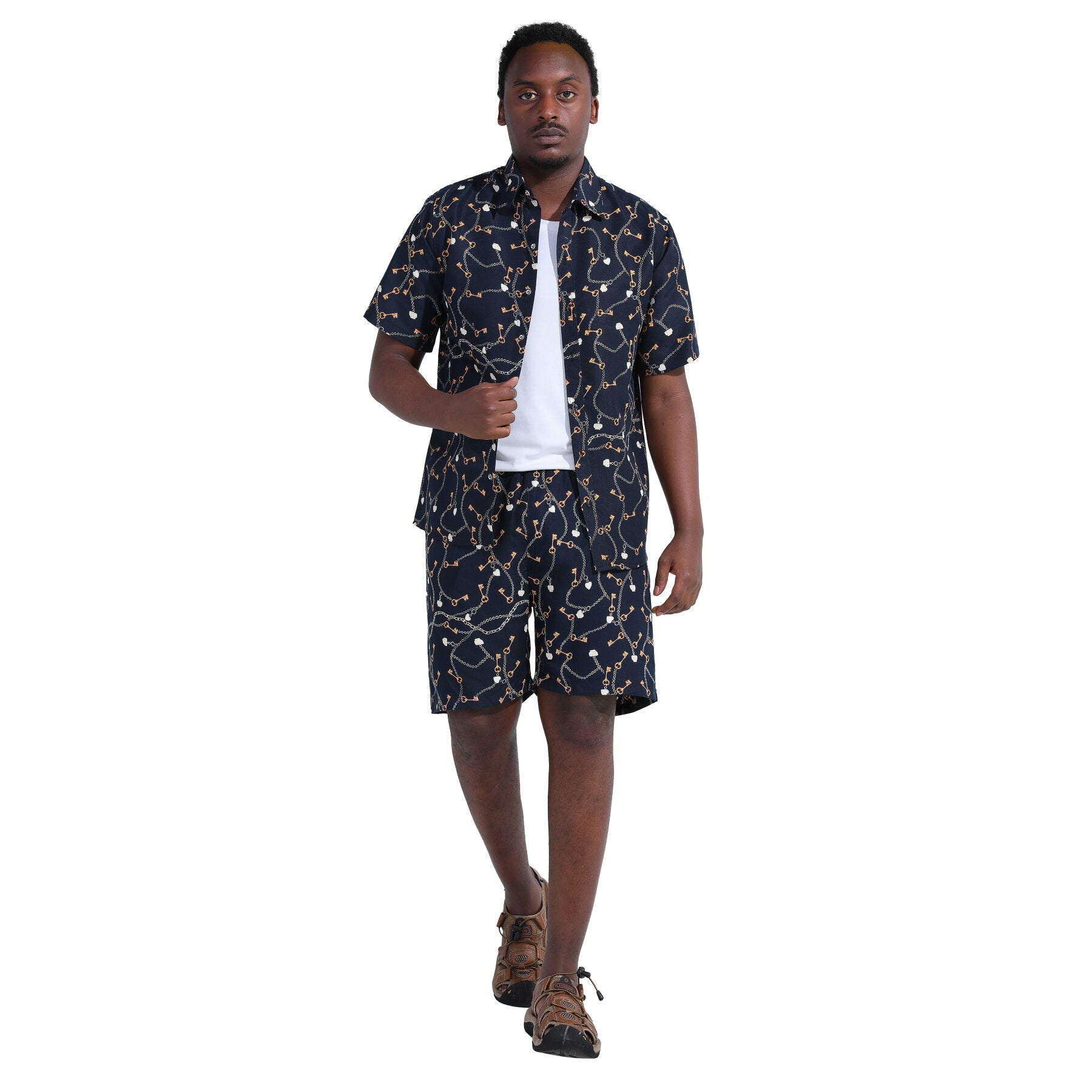Men's 2-Piece Hawaiian Print Summer Suit - Lightweight Breathable Black Swim Shirt & Shorts Set for Beach Vacation, Pool Party and Tropical Getaways