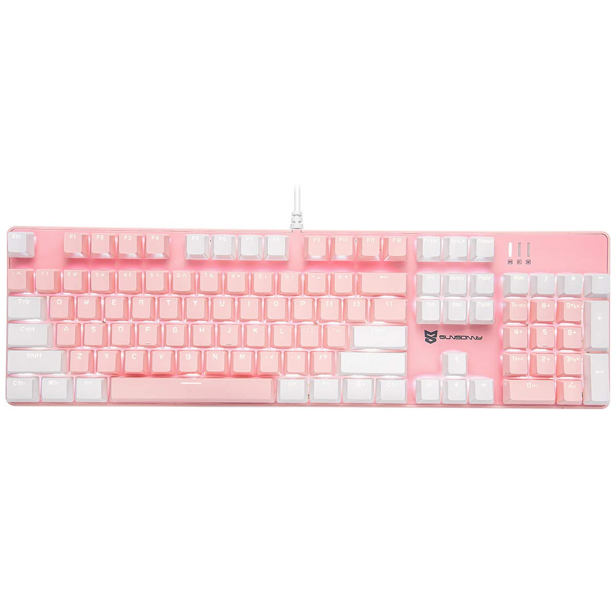 Qisan Mechanical Gaming Keyboard - Wired LED Backlit Keyboard with White & Pink Design, 104 Keys US Layout, Blue Switches, Detachable Cable - Perfect for PC Gaming, Office Work & Typing