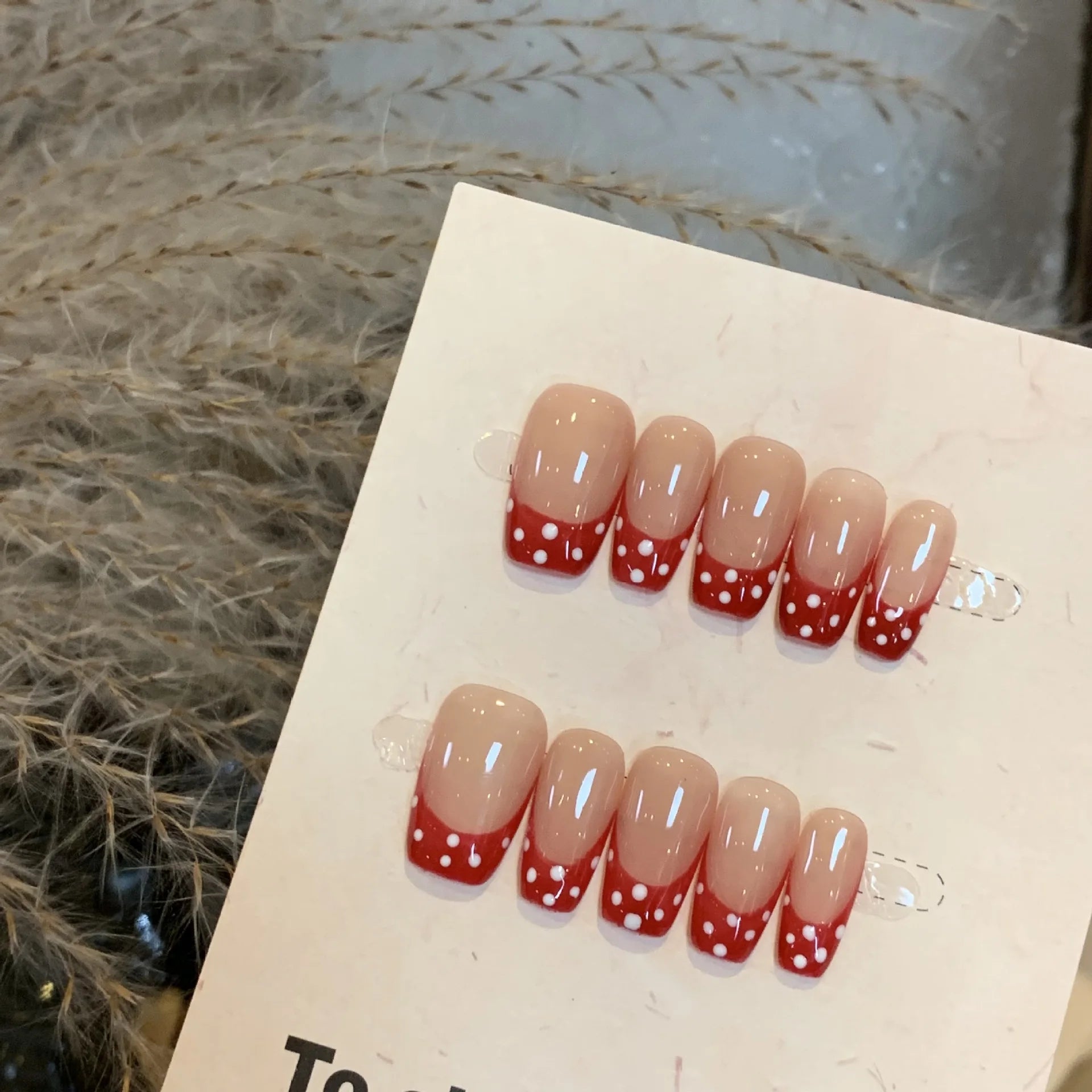 10Pcs Handmade French Press on Nail Medium Red Fake Nails with Polka Dot Designs - Retro Detachable Fashion Nails with Glue - Perfect for Parties, Weddings & Daily Wear
