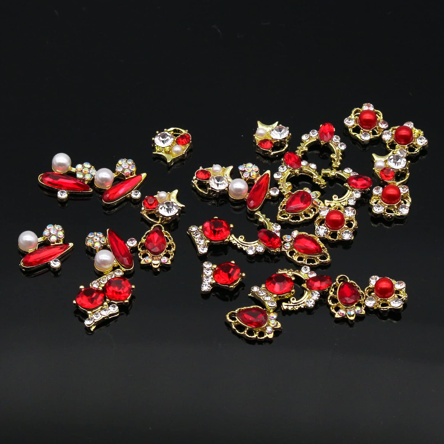 30pcs 3D Gold Alloy Nail Charms with Red Rhinestones - Crystal Nail Gems for Acrylic Nails, DIY Nail Art Decorations - Perfect for Bridal, Party, and Salon Nail Designs