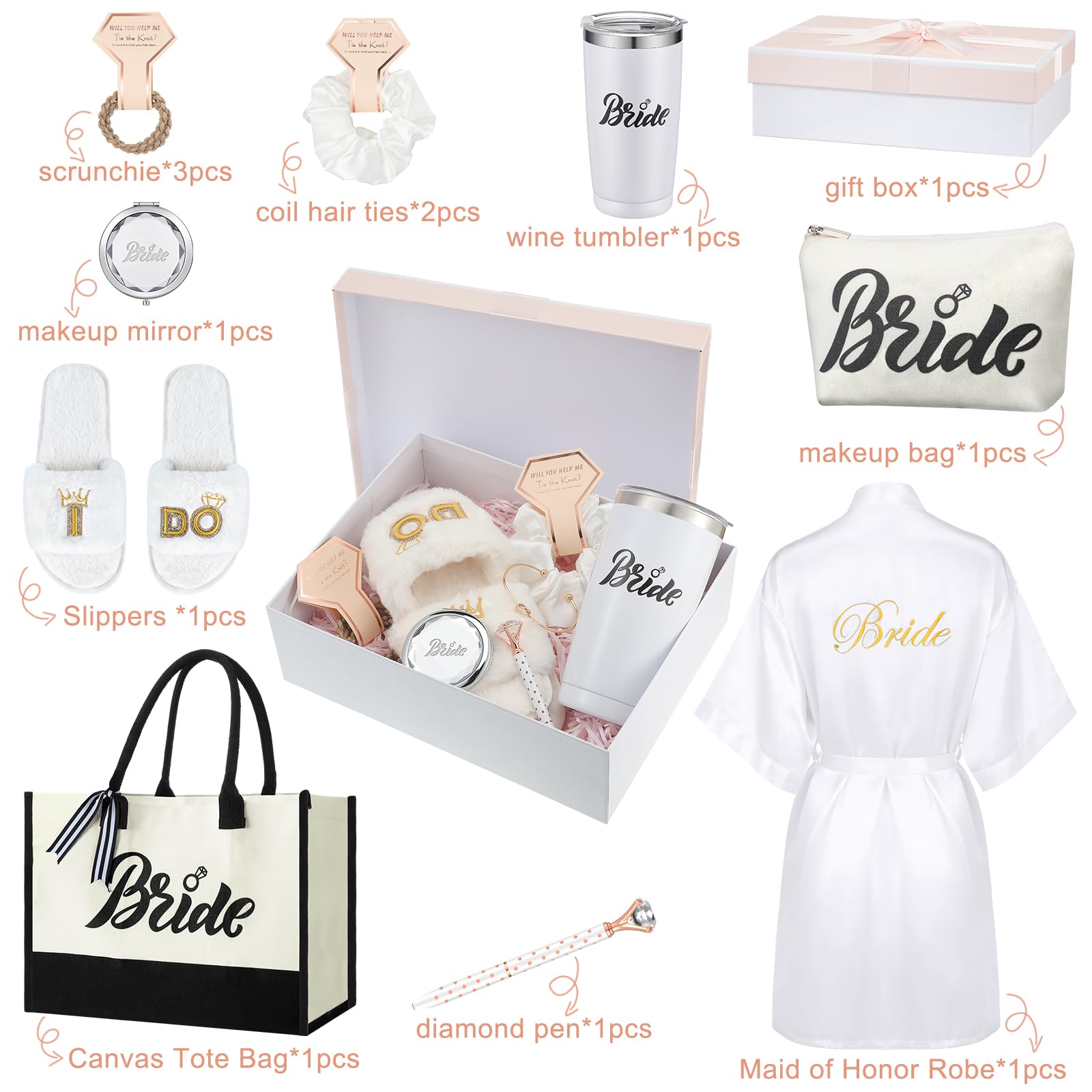 Berlune 14-Piece Bride Gift Box Set - Satin Robe, Canvas Tote Bag, Stainless Steel Glasses & Slippers - Perfect Wedding Party Favors & Bridal Shower Gifts for Bachelorette Parties