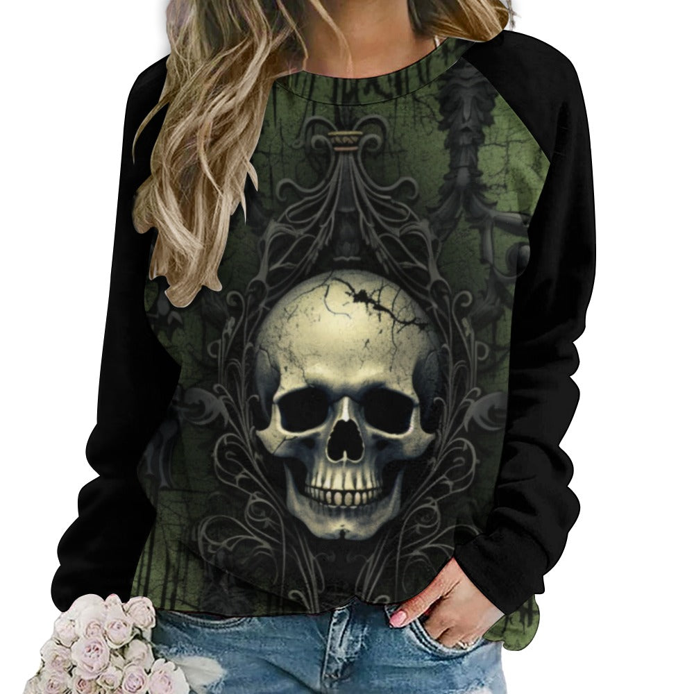Gothic Green and Black Skull Print Raglan Round Neck Sweater for Men & Women | Halloween, Punk, Rock Fashion | Perfect for Concerts, Parties, and Casual Wear