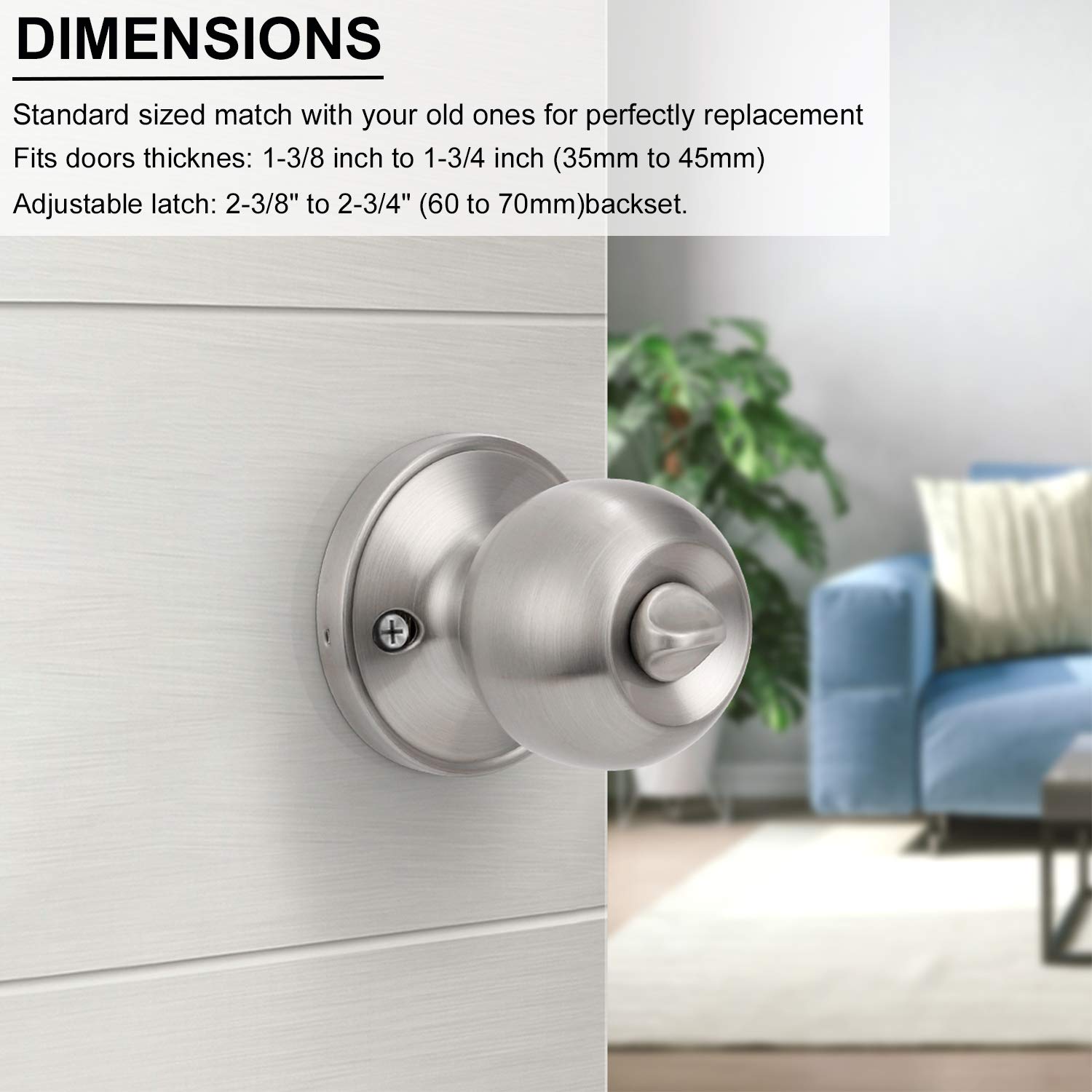 10 Pack Satin Nickel Door Knobs - Privacy Bedroom & Bathroom Door Handles - Interior Ball Shape Hardware for Home, Office & Hotel Use