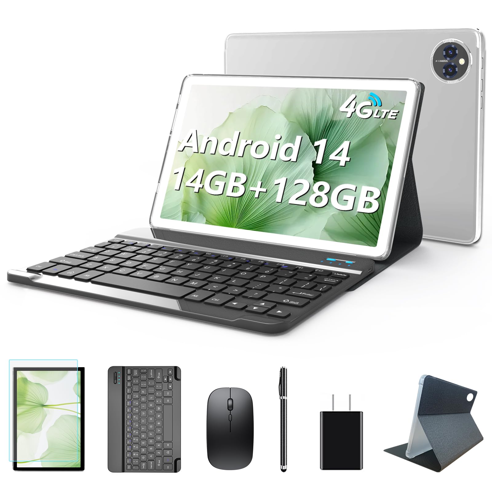 2025 Android 14 Tablet 10 Inch with Keyboard - 4G LTE/5GHz WiFi, 14GB RAM 128GB ROM (Expandable to 1TB), Octa-Core FHD 1280x800 IPS Display, 8000mAh Battery, 13MP+8MP Cameras, GPS, TÜV Certified - Includes Stylus Pen & Protective Case (Silver) - Perfect for Business, Travel & Online Learning