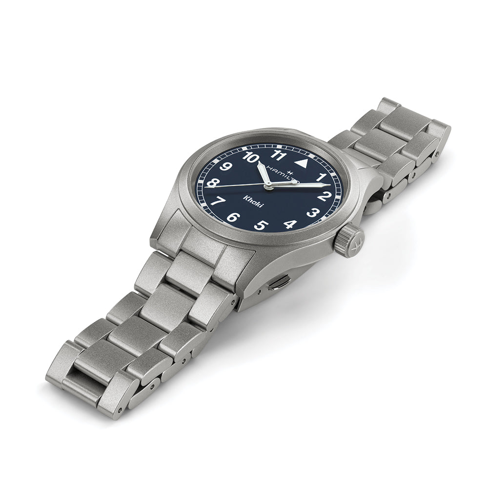 Khaki Field Quartz 38mm Blue Dial Watch with Stainless Steel Bracelet - Perfect for Outdoor Adventures & Casual Wear