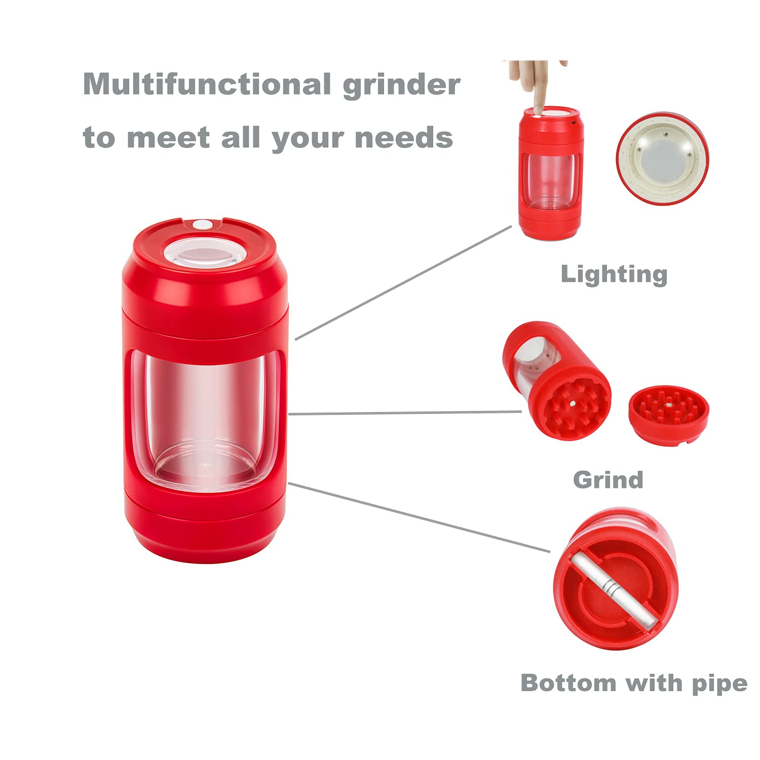 Premium LED Herb Grinder with Storage Jar - 110ml Spice Crusher with Cleaning Brushes & Pipe | Portable Design for Travel & Home Use (Red) | Perfect for Grinding Herbs, Spices & Tobacco