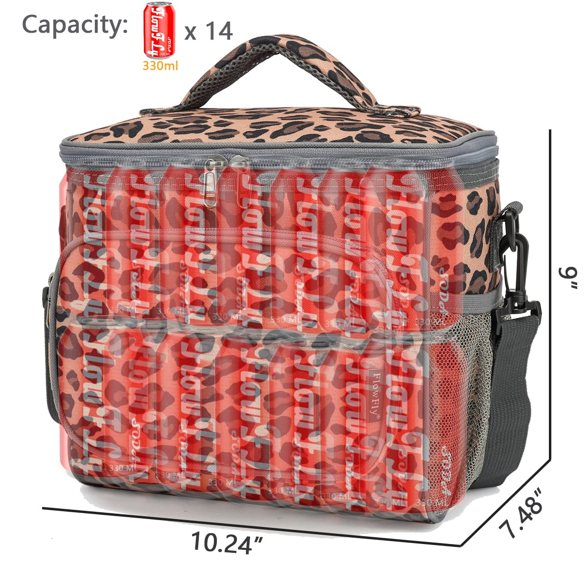 FlowFly Insulated Reusable Lunch Bag for Adults - Large Leopard Print Lunch Box with Adjustable Shoulder Strap, Front Zipper Pocket & Dual Mesh Side Pockets - Perfect for Office, School, Picnics & Travel