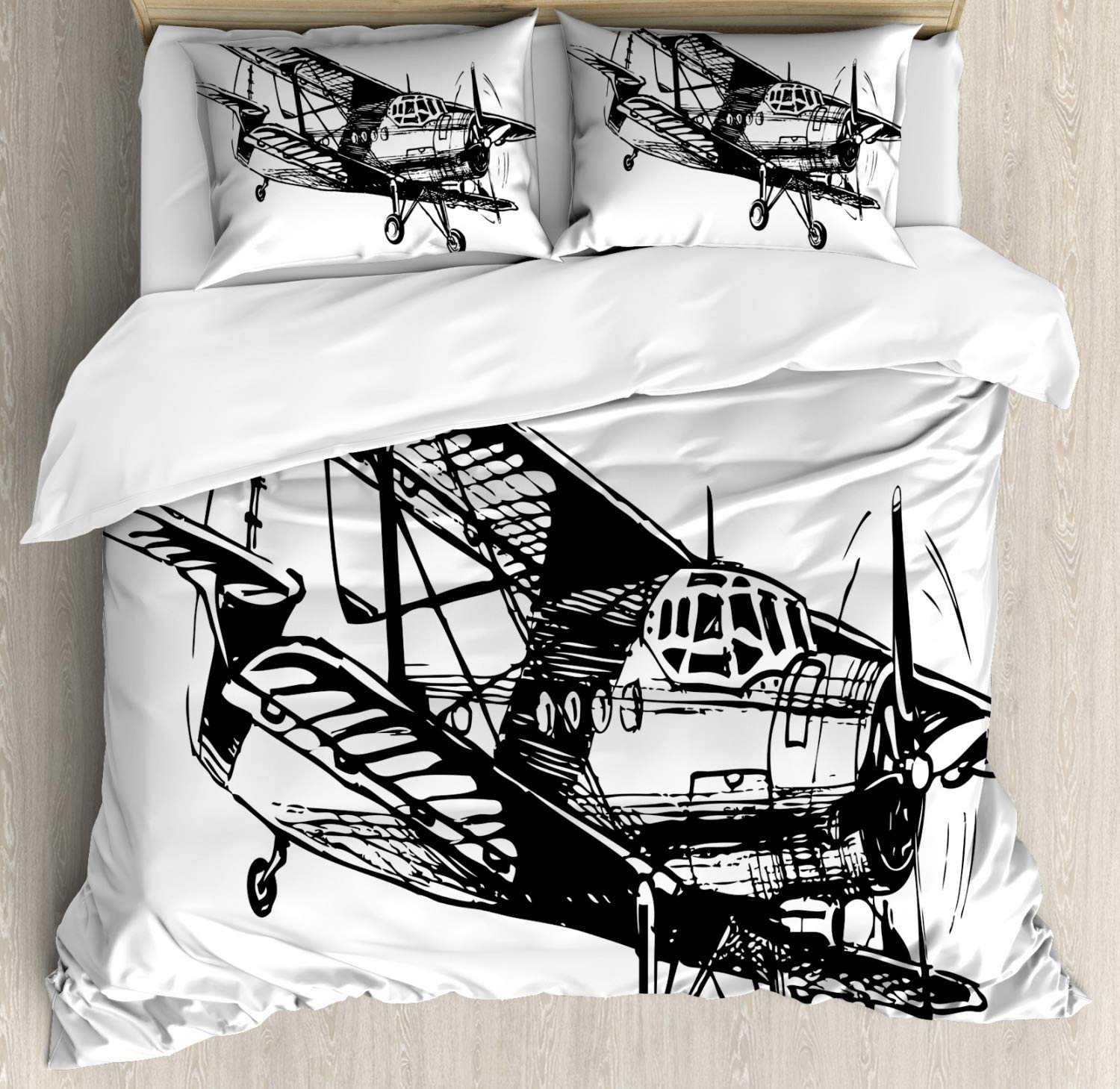 Vintage Airplane Duvet Cover Set - Monochrome Monoplane Sketch Design - 2 Pack King Size Bedding Set with 2 Duvet Covers & 4 Pillowcases - White - Perfect for Aviation Enthusiasts' Bedrooms & Themed Guest Rooms