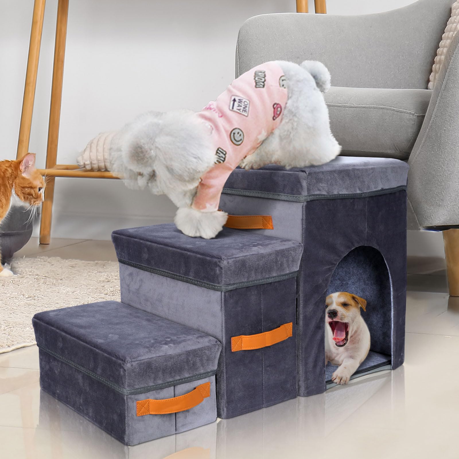 Topmart 3-Step Foldable Dog Stairs for Small & Senior Pets - Lightweight Pet Ramp with Storage Boxes & Dog Condo - Perfect for Beds, Couches & Cars - Helps Injured, Elderly & Short-Legged Dogs Climb Safely