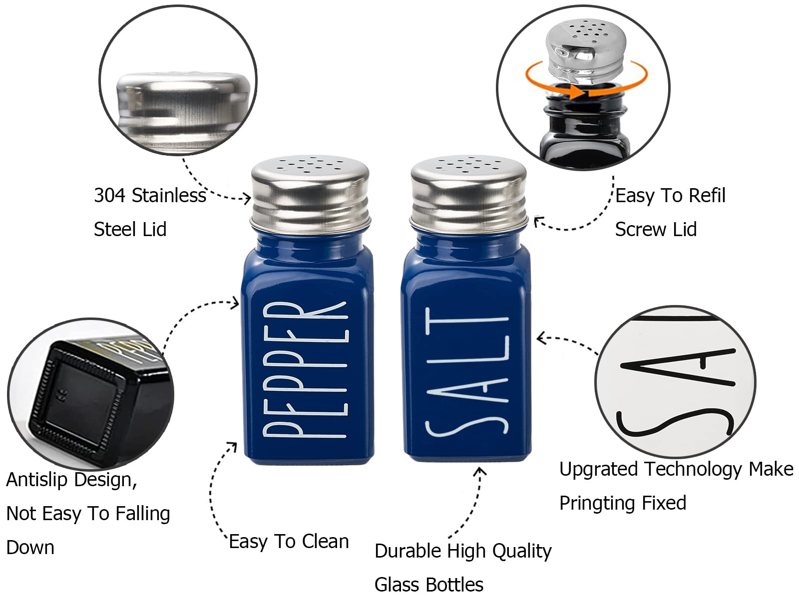 Farmhouse Salt and Pepper Shakers Set - Blue Glass Kitchen Decor with Rustic Charm - Modern Home Decor Gift for Women - Durable No-Rubbing Design - Perfect for Farmhouse Kitchens, Housewarming Gifts & Dining Table Decor (2-Piece Set, Blue)