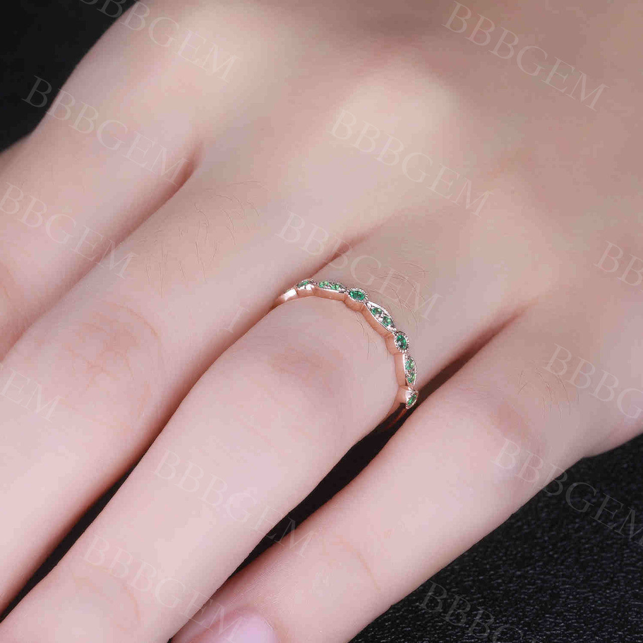 14K Rose Gold Emerald Wedding Ring - Antique Art Deco Half Eternity Band, May Birthstone Jewelry for Women | Perfect for Anniversary, Engagement & Special Occasion Gifts