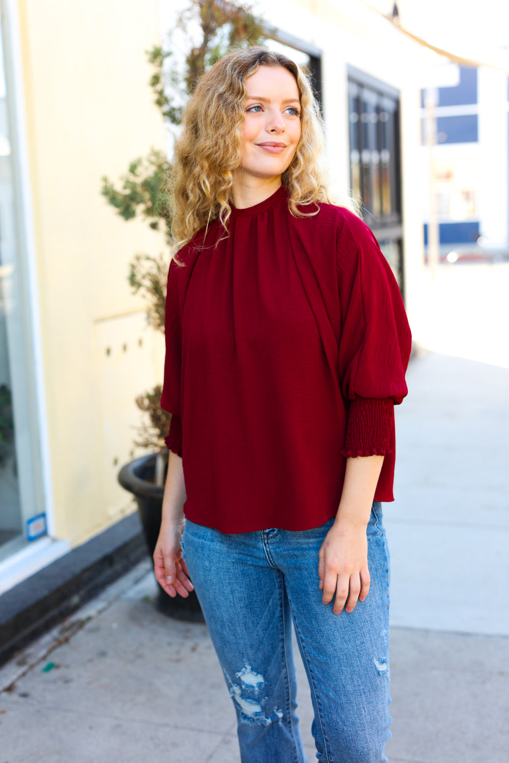 Bold Dreams Wine Smocked Three Quarter Sleeve Tie Back Top - Elegant Women's Blouse for Date Night, Cocktail Parties & Summer Outings