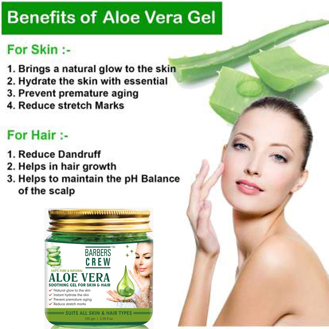 BARBERS CREW Pure & Organic Aloe Vera Gel for Face, Skin & Hair - 100g Soothing Moisturizer for Sunburn, Acne & Dry Skin - Perfect for After Shave, Hair Care & Daily Skincare Routine