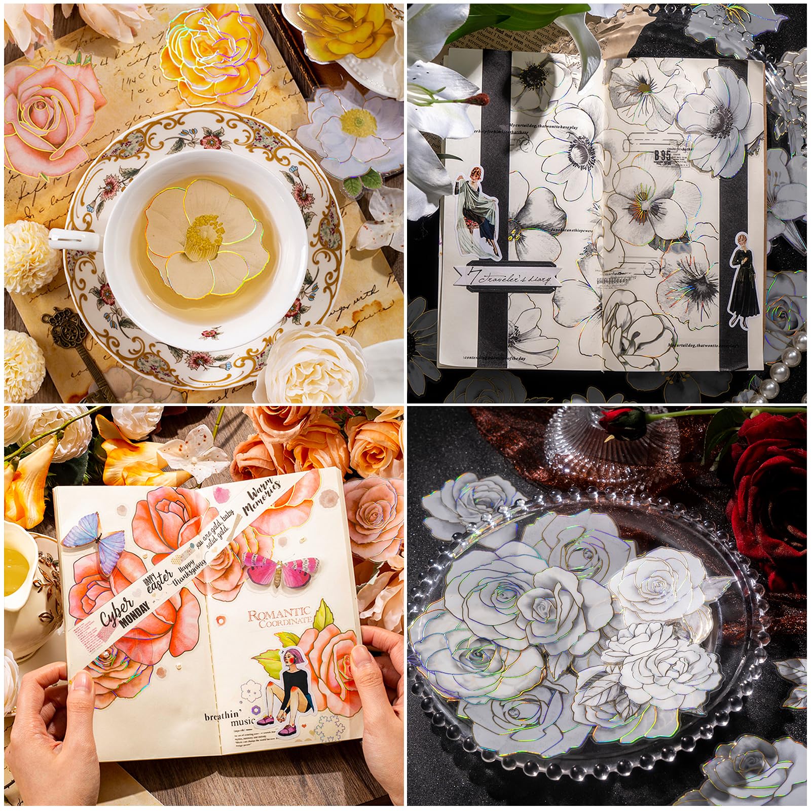 Obookey 120PCS Transparent Flower Stickers - Vintage Aesthetic Scrapbooking Supplies for Water Bottles, Journals, Cards, Gift Box Decoration | DIY Crafts, Scrapbook Projects, Planner Decorations